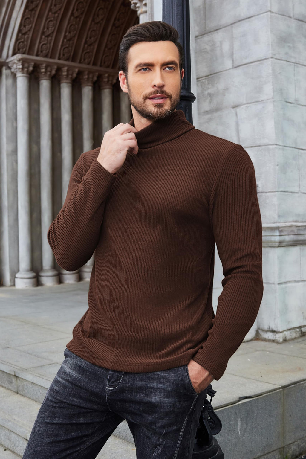 COOFANDY Men's Ribbed Turtleneck Sweater Casual Basic Long Sleeve Knitted Pullover Sweater Brown