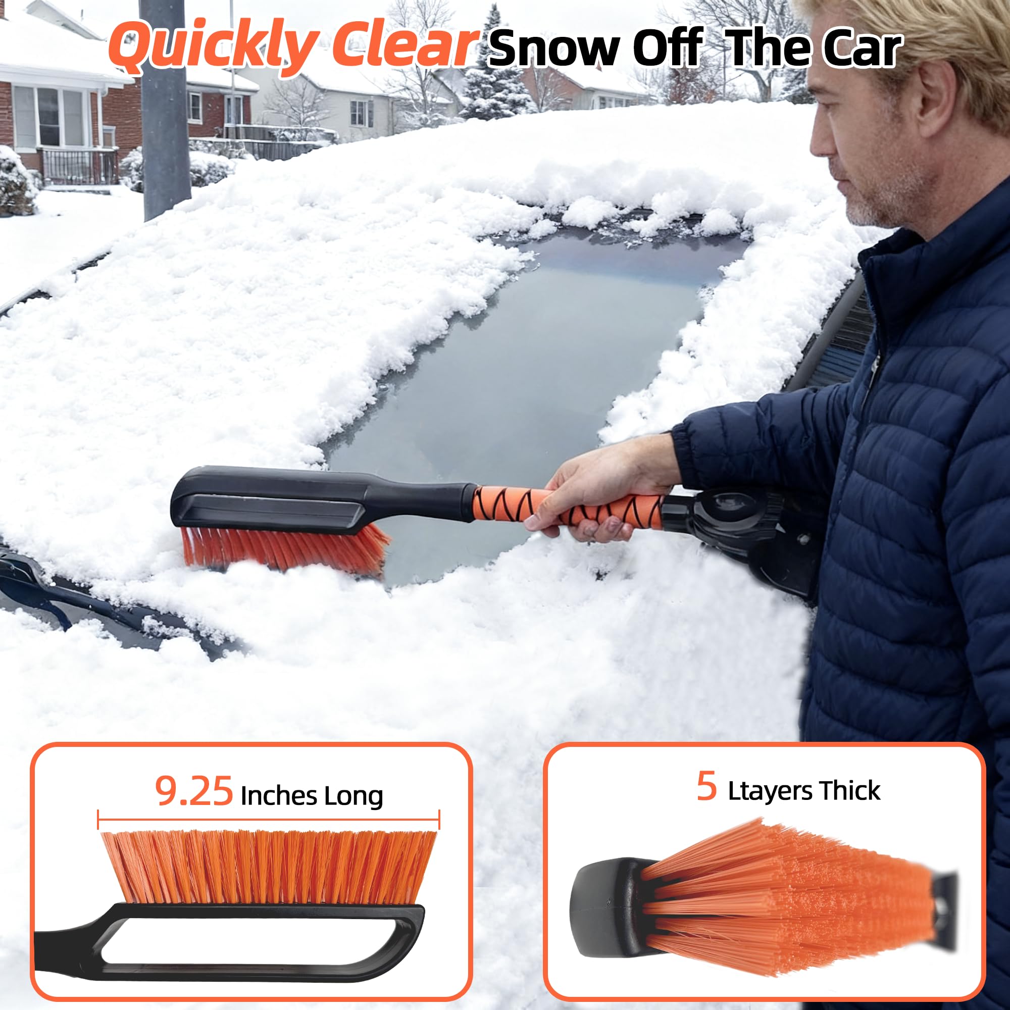 AMADAW 27" 2-in-1 Snow Brush and Ice Scrapers for Car Windshield [Military-Grade Rugged Durability] Removable for Easy Storage, Suitable for Sedans, SUVs and Trucks（Orange）