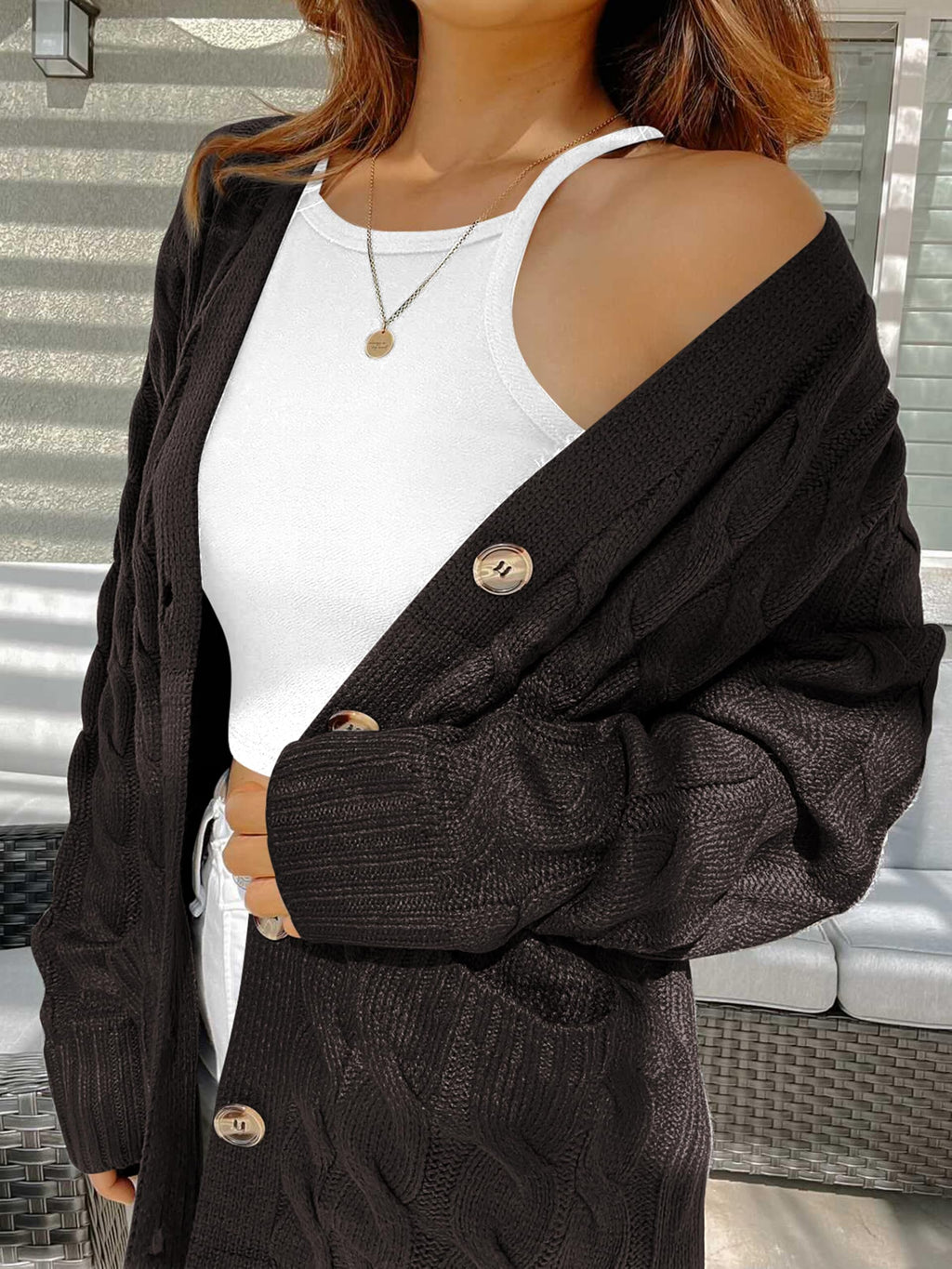 PRETTYGARDEN Long Sleeve Cable Knit Long Cardigan for Women 2026 Spring Winter Chunky Open Front Button Sweaters with Pockets (Dark Grey, Small)