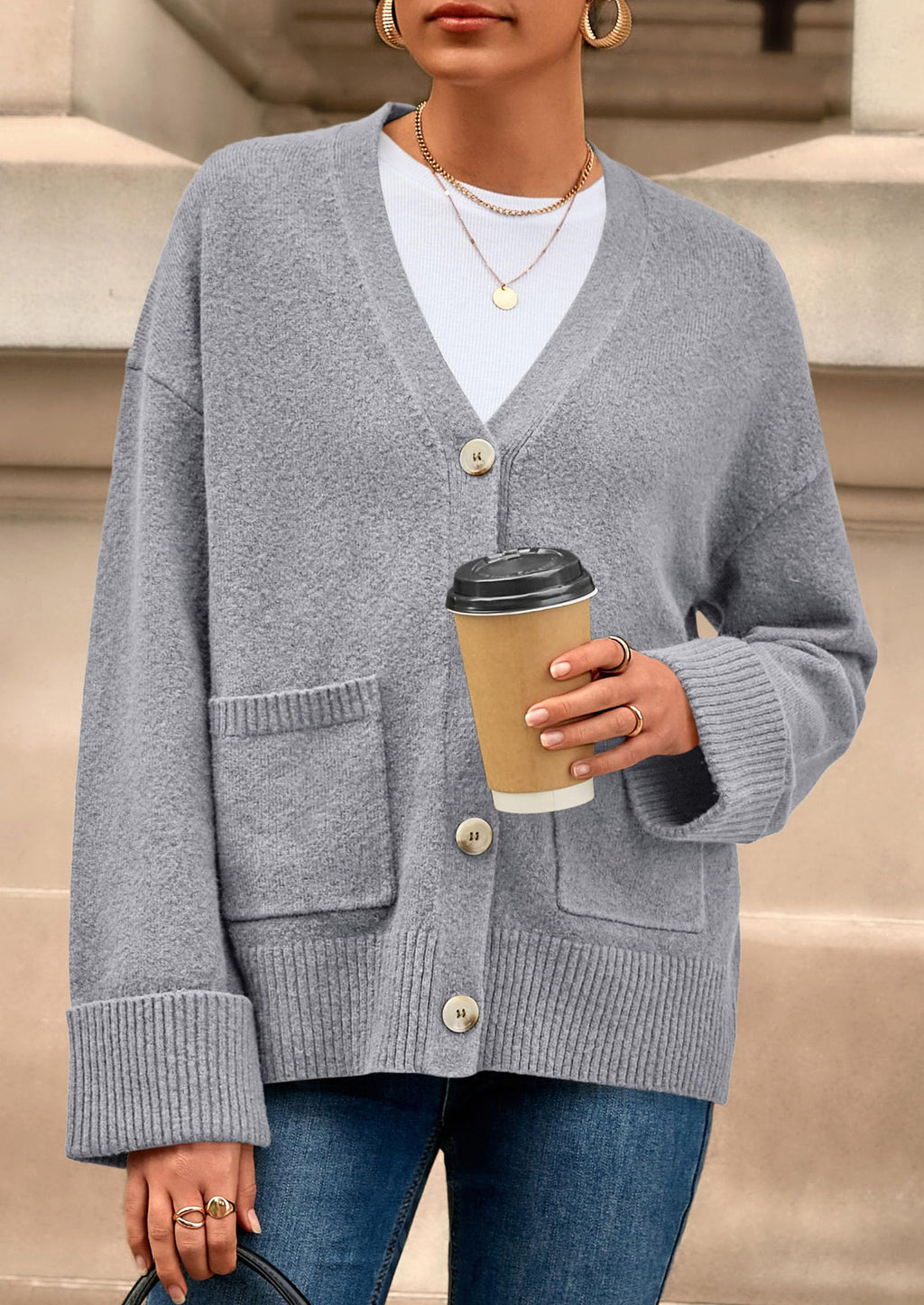 PRETTYGARDEN Women's 2026 Oversized Cardigan Sweaters Trendy Chunky Knit Long Sleeve V Neck Button Down Fall Winter Outfits (Grey,Small)