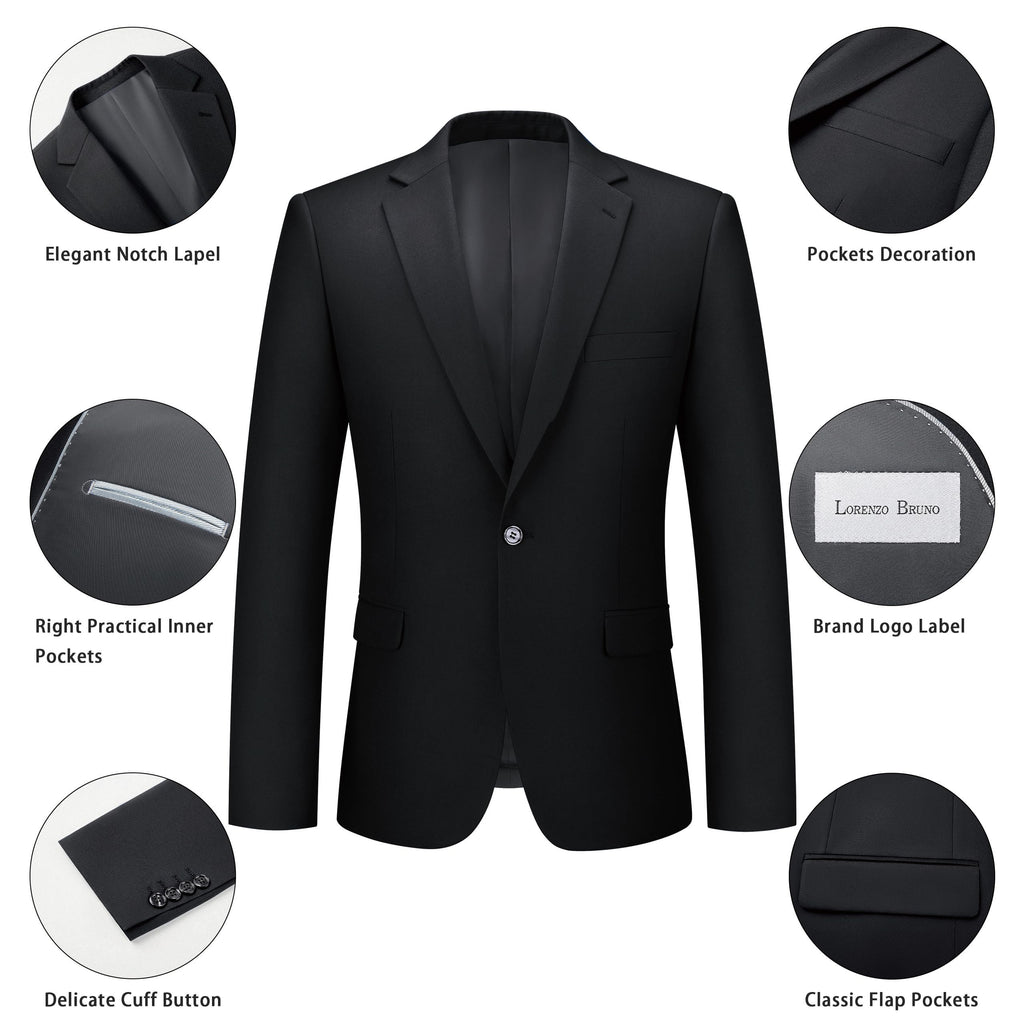 LORENZO BRUNO Mens Suit 2 Piece Black Suits for Men One Button Slim Fit Solid Jacket & Pants Tuxedo Set Business Wedding Party, Black, L
