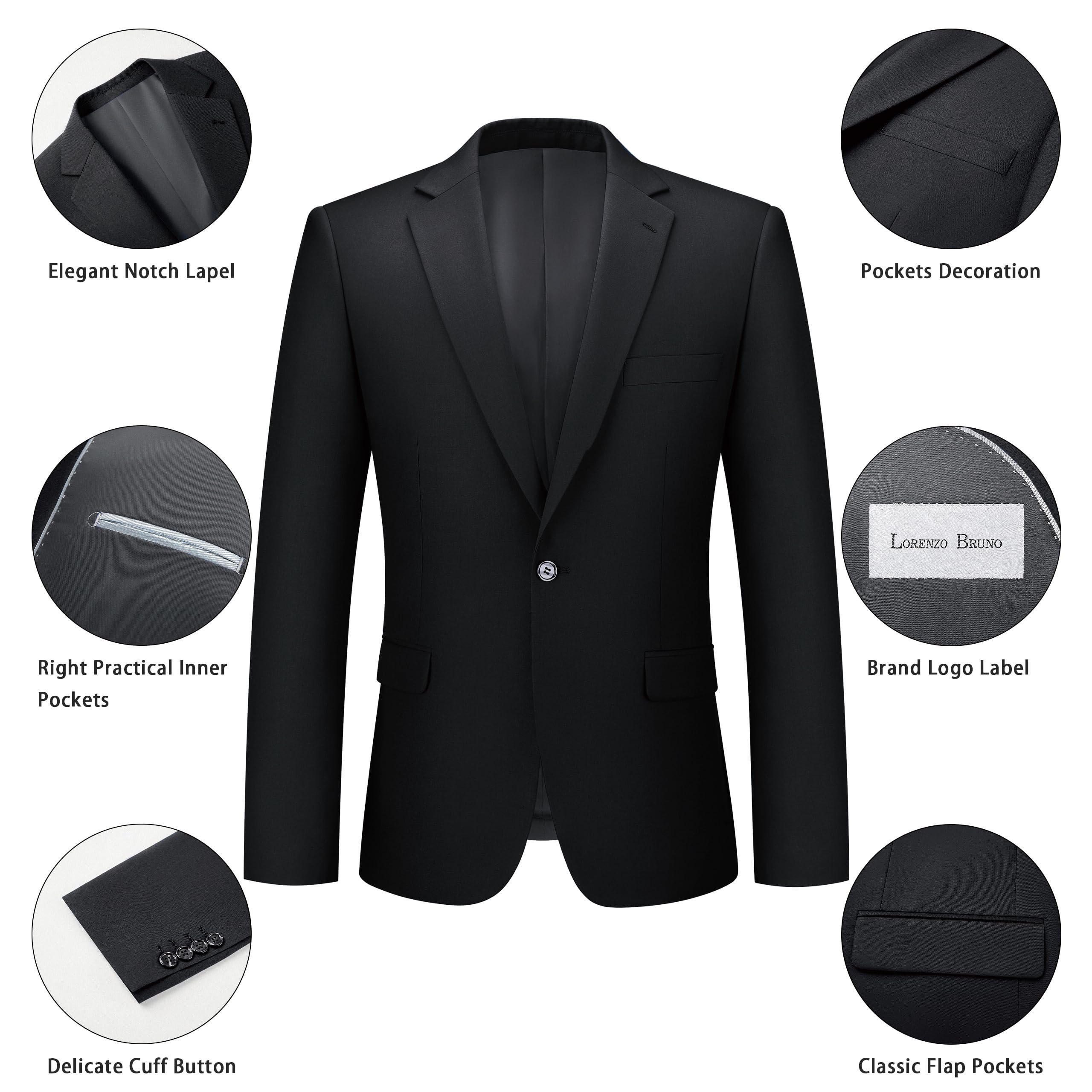LORENZO BRUNO Mens Suit 2 Piece Black Suits for Men One Button Slim Fit Solid Jacket & Pants Tuxedo Set Business Wedding Party, Black, L
