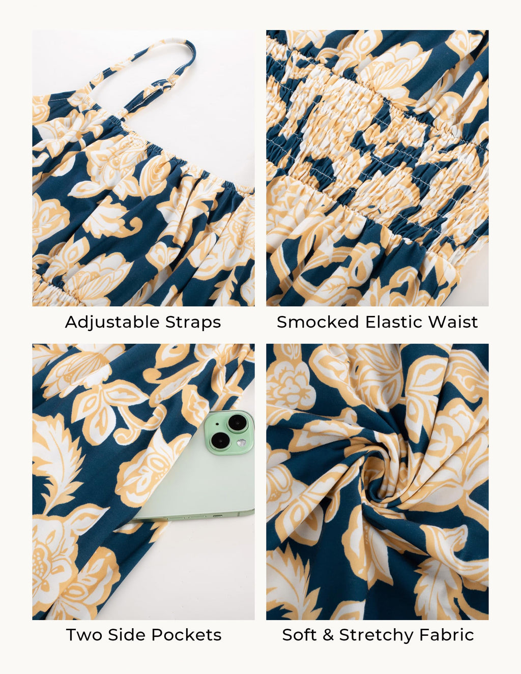 GRACE KARIN Summer Dresses for Women 2026 Vacation,Smocked Floral Maxi Dresses,Boho Beach Long Sundress Navy Flower S