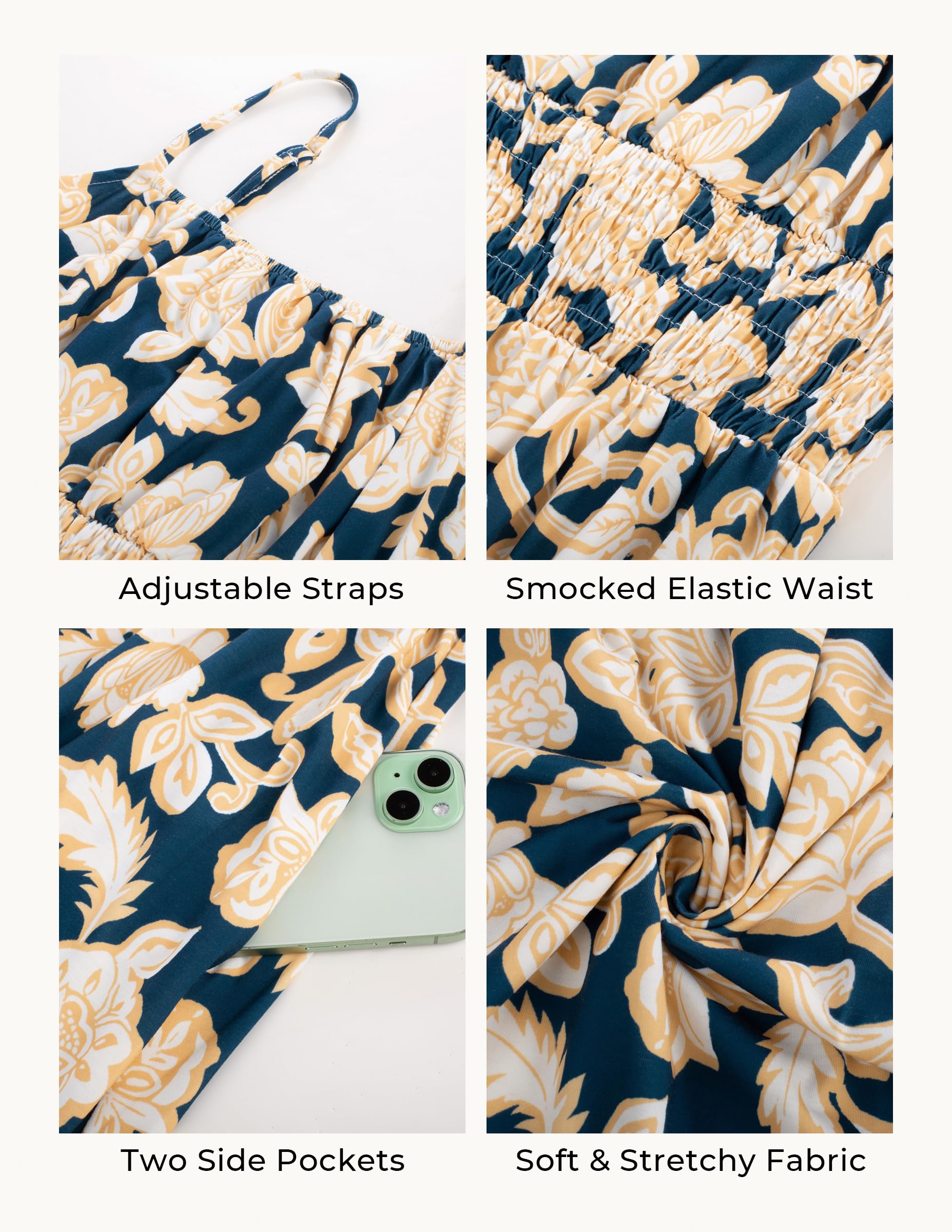 GRACE KARIN Summer Dresses for Women 2026 Vacation,Smocked Floral Maxi Dresses,Boho Beach Long Sundress Navy Flower M