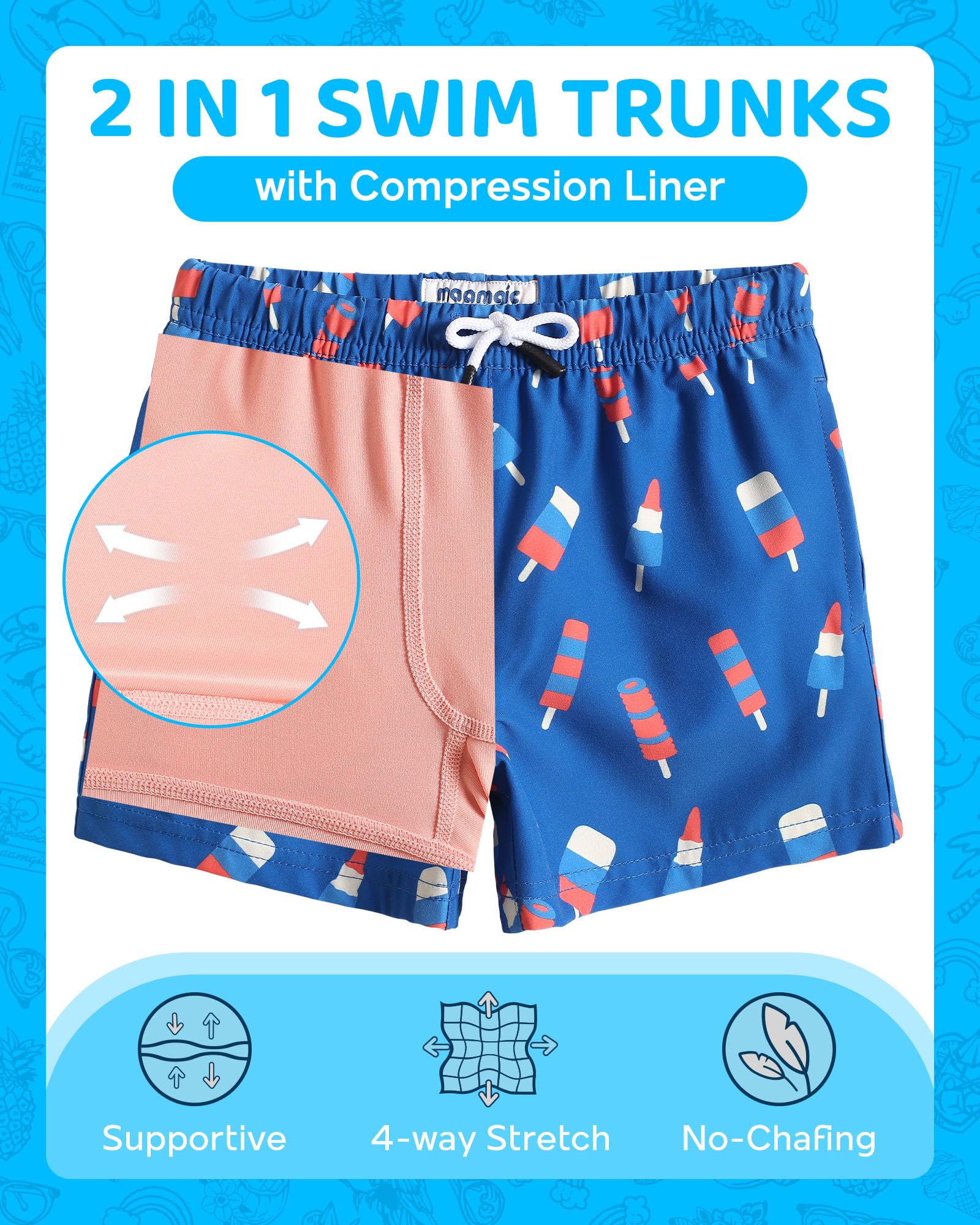 maamgic Boys Swim Trunks with Compression Liner Toddler Boy Swimsuit Quick Dry 4-Way Stretch Swimming Trunks Ice Cream Ocean Blue 5-6 Years