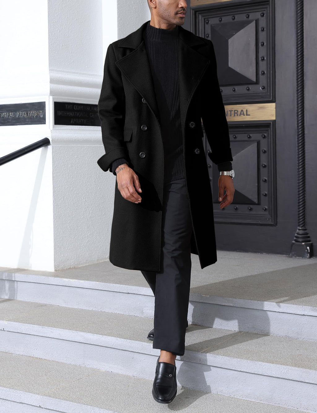 Springrain Men's Pea Coat Double Breasted Overcoat Lapel Coat Classic Long Trench Coat(Black-S)