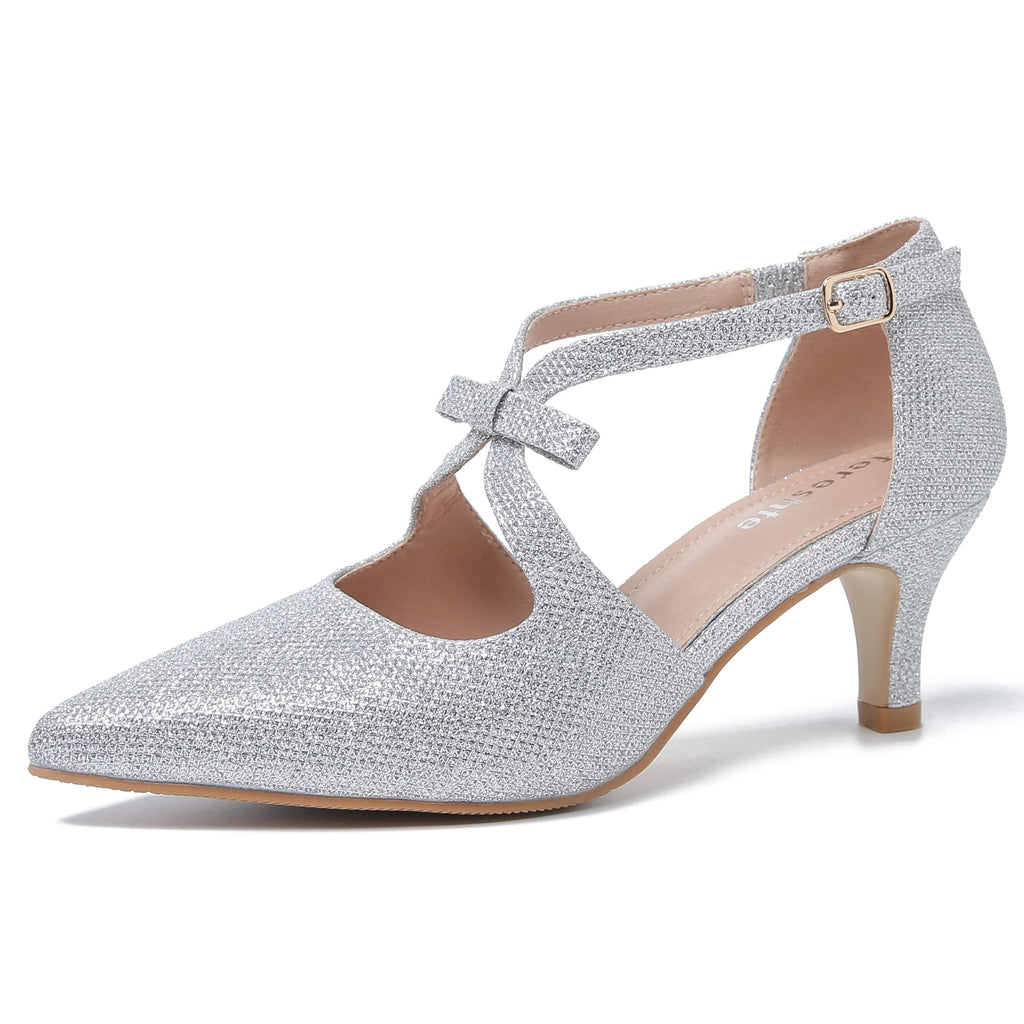 fereshte Women's Kitten Heels T Strap 2 Inch Low Heel Bow Pointed Toe D'Orsay Dressy Pumps Sparkly Silver 36 - US 5.5