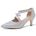 fereshte Women's Kitten Heels T Strap 2 Inch Low Heel Bow Pointed Toe D'Orsay Dressy Pumps Sparkly Silver 36 - US 5.5