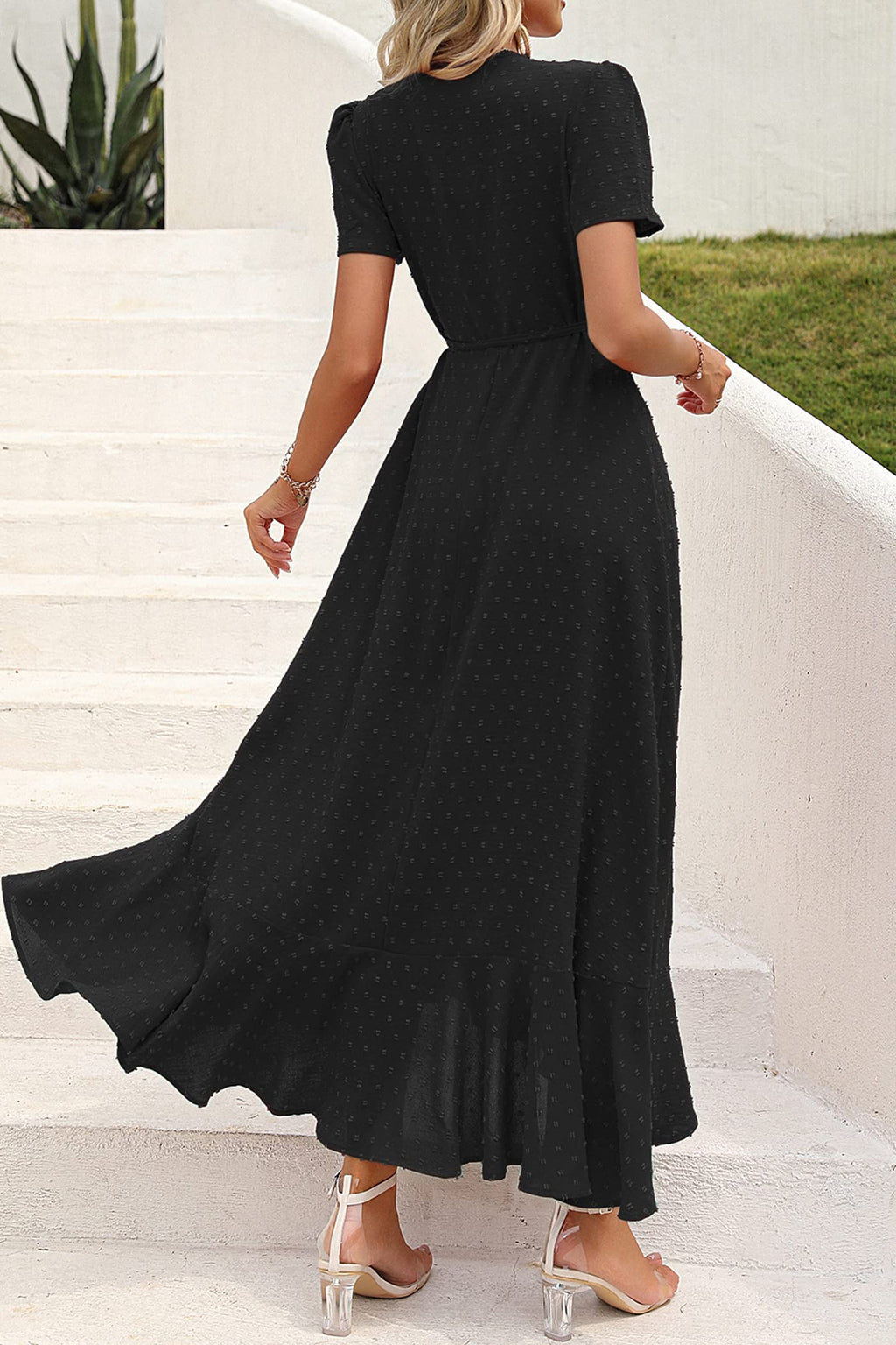 PRETTYGARDEN Women's Summer Wrap Maxi Dress Casual Boho Floral V Neck Short Sleeve Ruffle Hem Split Beach Long Dresses (Z_Black,XX-Large)