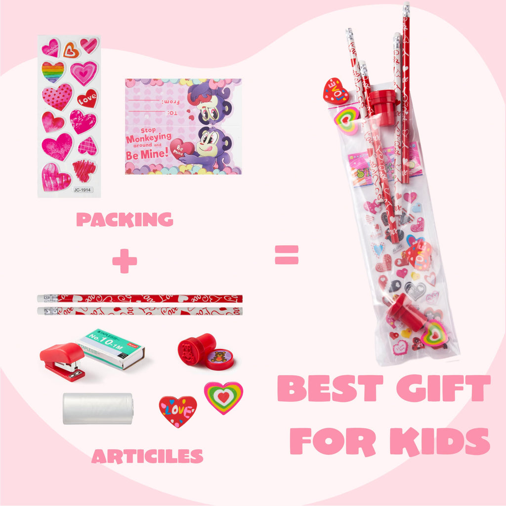 JOYIN 36 Packs Valentine Stationery Kids Gift Set, Classroom Exchange Party Favor for Holiday Reward Prizes - Includes Pencils, Erasers, Stamper, Stickers