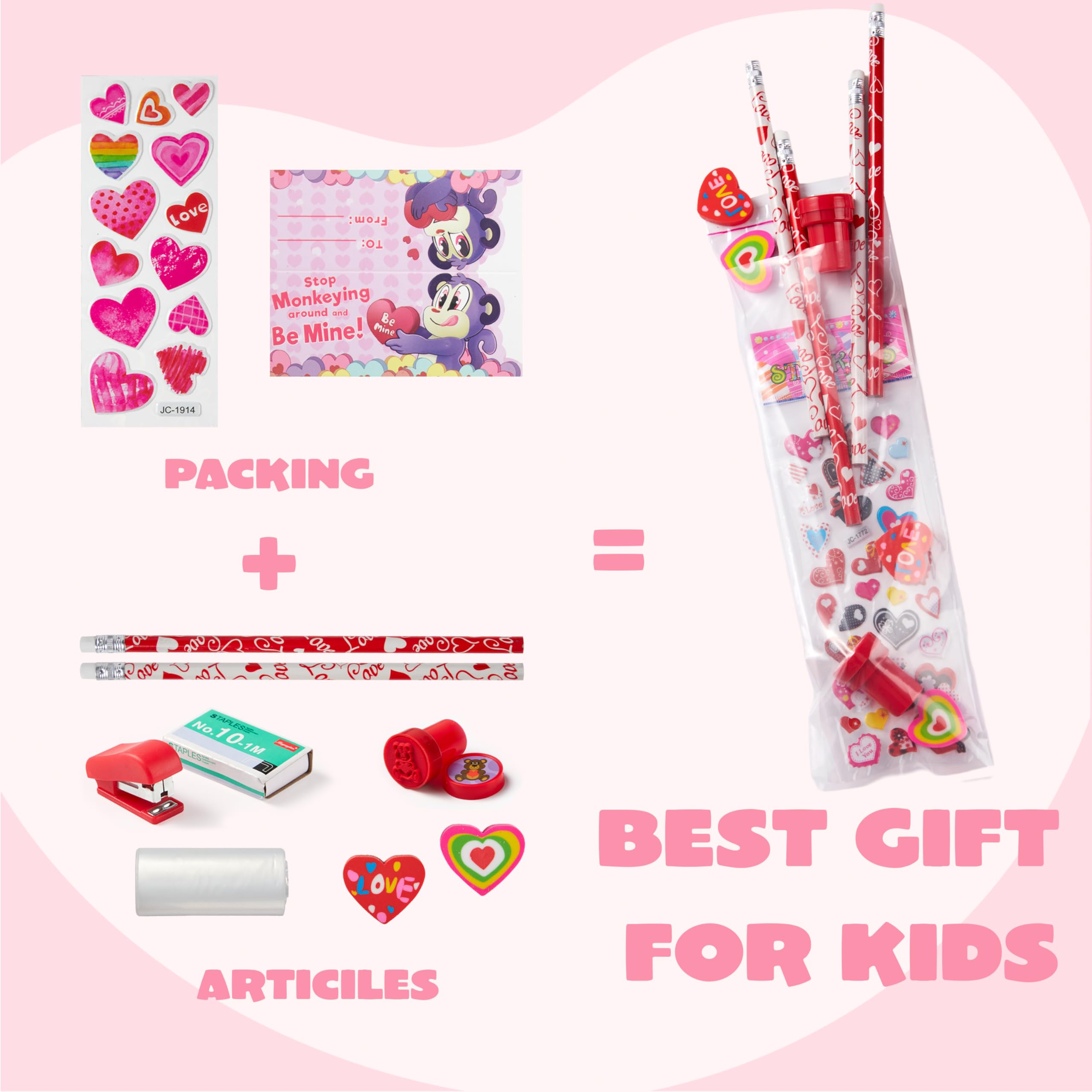 JOYIN 36 Packs Valentine Stationery Kids Gift Set, Classroom Exchange Party Favor for Holiday Reward Prizes - Includes Pencils, Erasers, Stamper, Stickers
