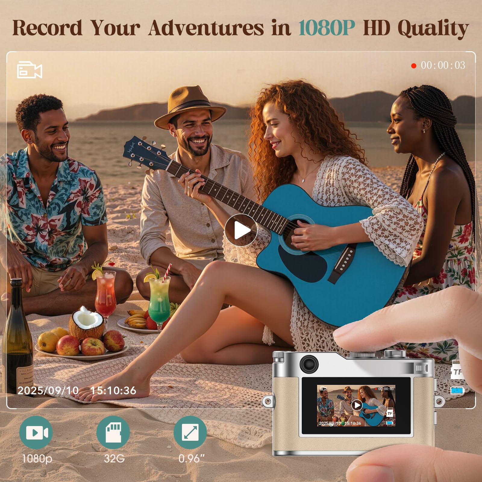 HOTU Mini Digital Camera, Keychain Camera 1080P HD with 2MP Lens, Flash, Video Recording, 32G Card Included, Portable and Compact Retro Vlog Camera for Travel, Kids, Beige