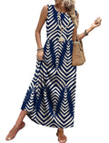 Casual Dresses for Women Long Maxi Sun Dresses Sleeveless Boho Summer Wedding Guest Dresses Beach Vacation Clothes Spring Fashion Clothing Navy Striped XL