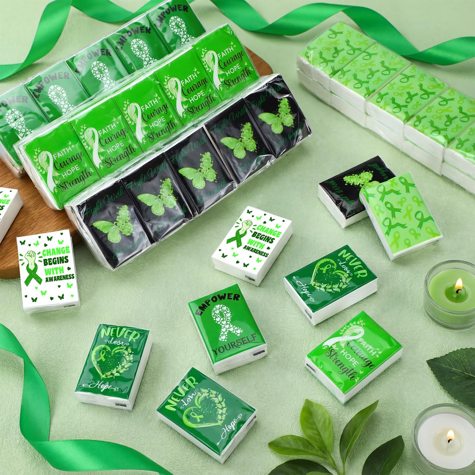 Honoson 60 Pack Mental Health Awareness Tissues Bulk Green Ribbon Mental Health Awareness Month Gifts Favor Travel Pocket Tissue for Charity Event Supplies Volunteer Activities