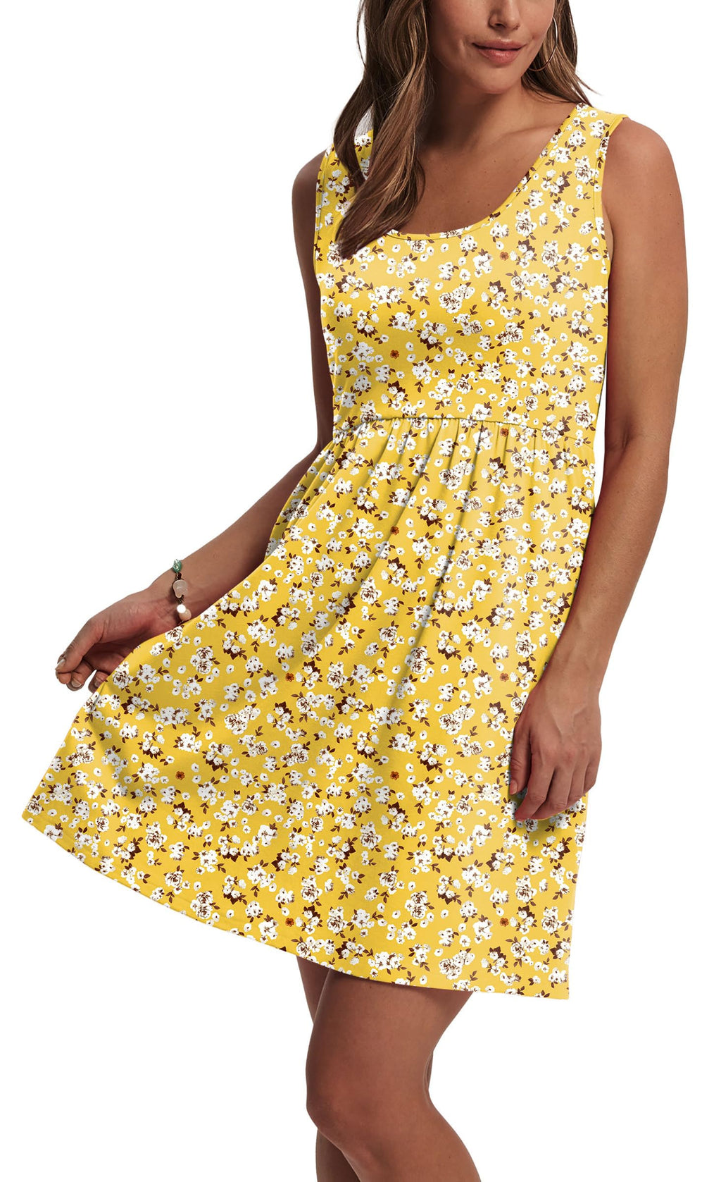WIHOLL Summer Dresses for Women 2026 A Line Sleeveless Spring Dresses for Women Casual Cute Beach Vacation Clothes Fashion Floral Dress Sundresses with Pockets Womens Sun Dress Yellow M