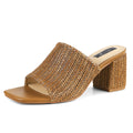 Ancomafio Women's Heeled Sandals Raffia Heels Square Open Toe Sandals Backless Mules Slip On Block Sandals Brown Size 8