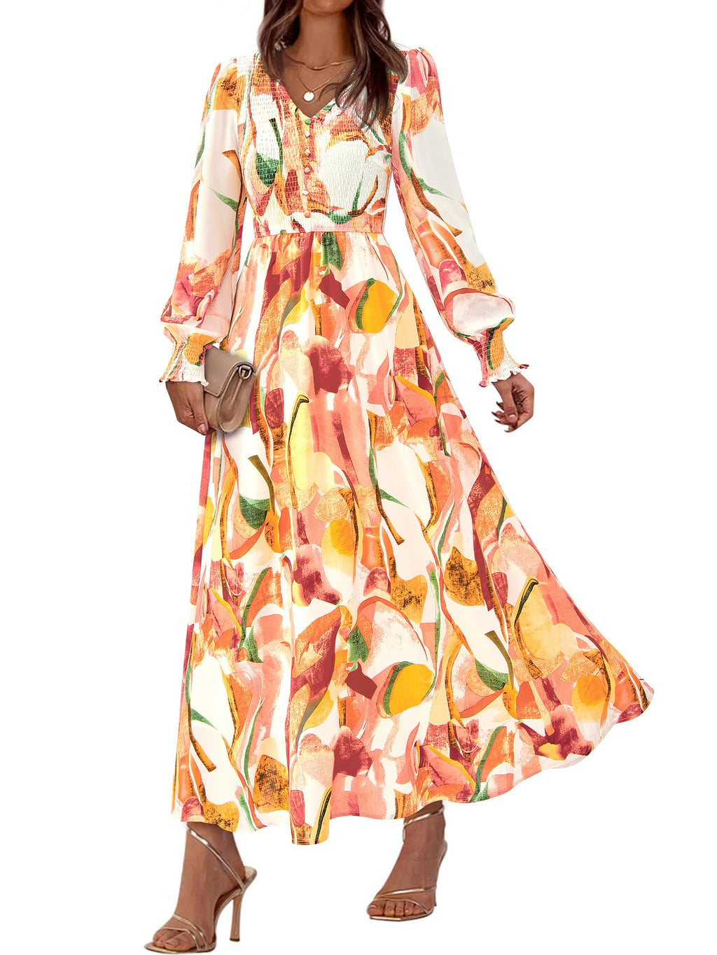 BTFBM Women Fall Wedding Guest Maxi Dresses 2025 Floral V Neck Long Sleeve Boho Long Dress Vacation(Pink Watercolour,Medium)