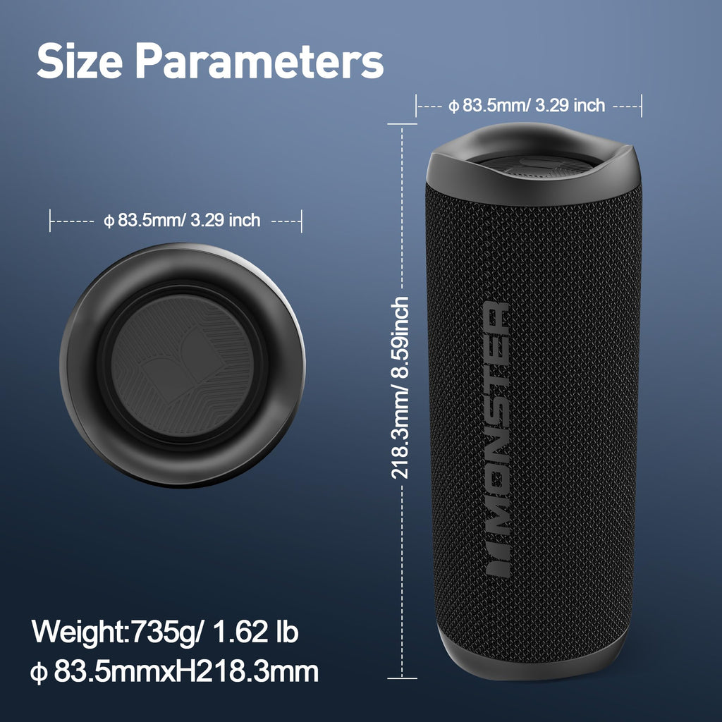 Monster Bluetooth Speaker, Wireless Portable Outdoor Bluetooth Speakers, 60W True Wireless Stereo IPX8 Waterproof, Dual PairingBluetooth 5.4 Built-in Mic, Black