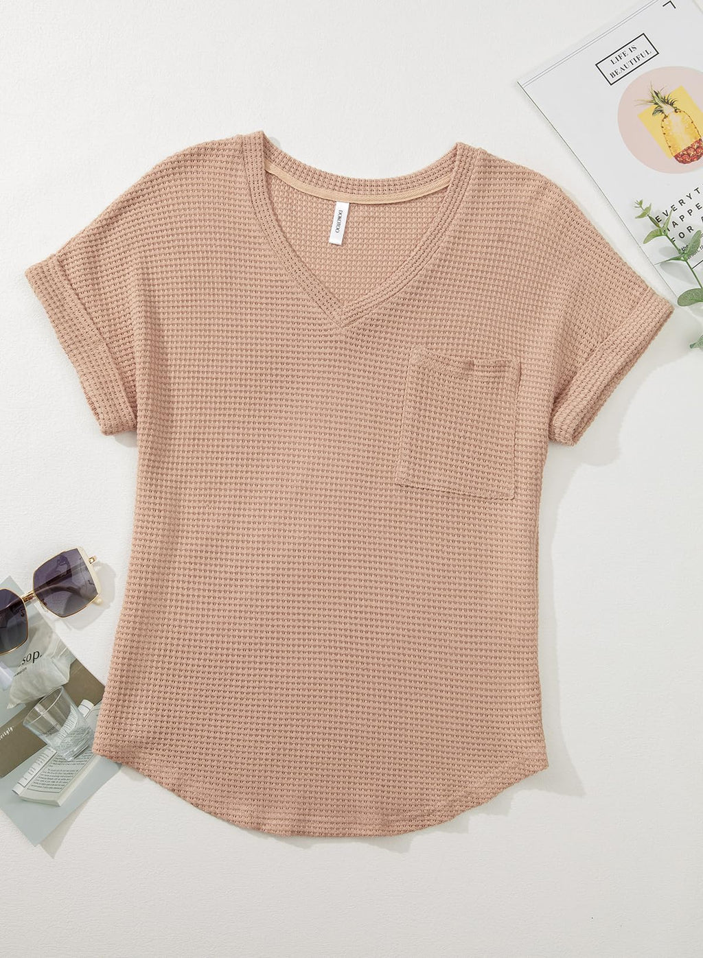 Dokotoo Summer Tops for Women Blouses 2026 Spring Trendy Fashion Fall Ladies Womens Dressy Casual Tops Women's Clothing Waffle Knit Clothes Short Sleeve Cruise Outfits Plus Size Basic T Shirts