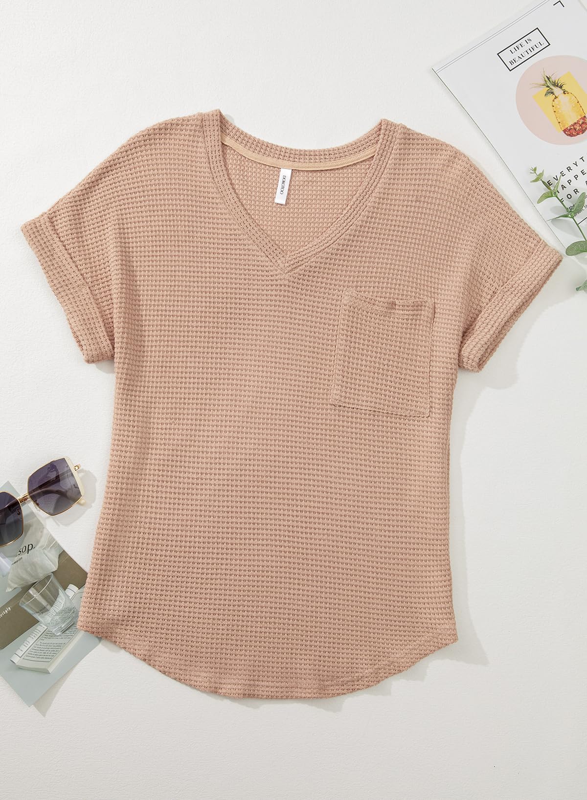 Dokotoo Summer Tops for Women Blouses 2026 Spring Trendy Fashion Fall Ladies Womens Dressy Casual Tops Women's Clothing Waffle Knit Clothes Short Sleeve Cruise Outfits Plus Size Basic T Shirts