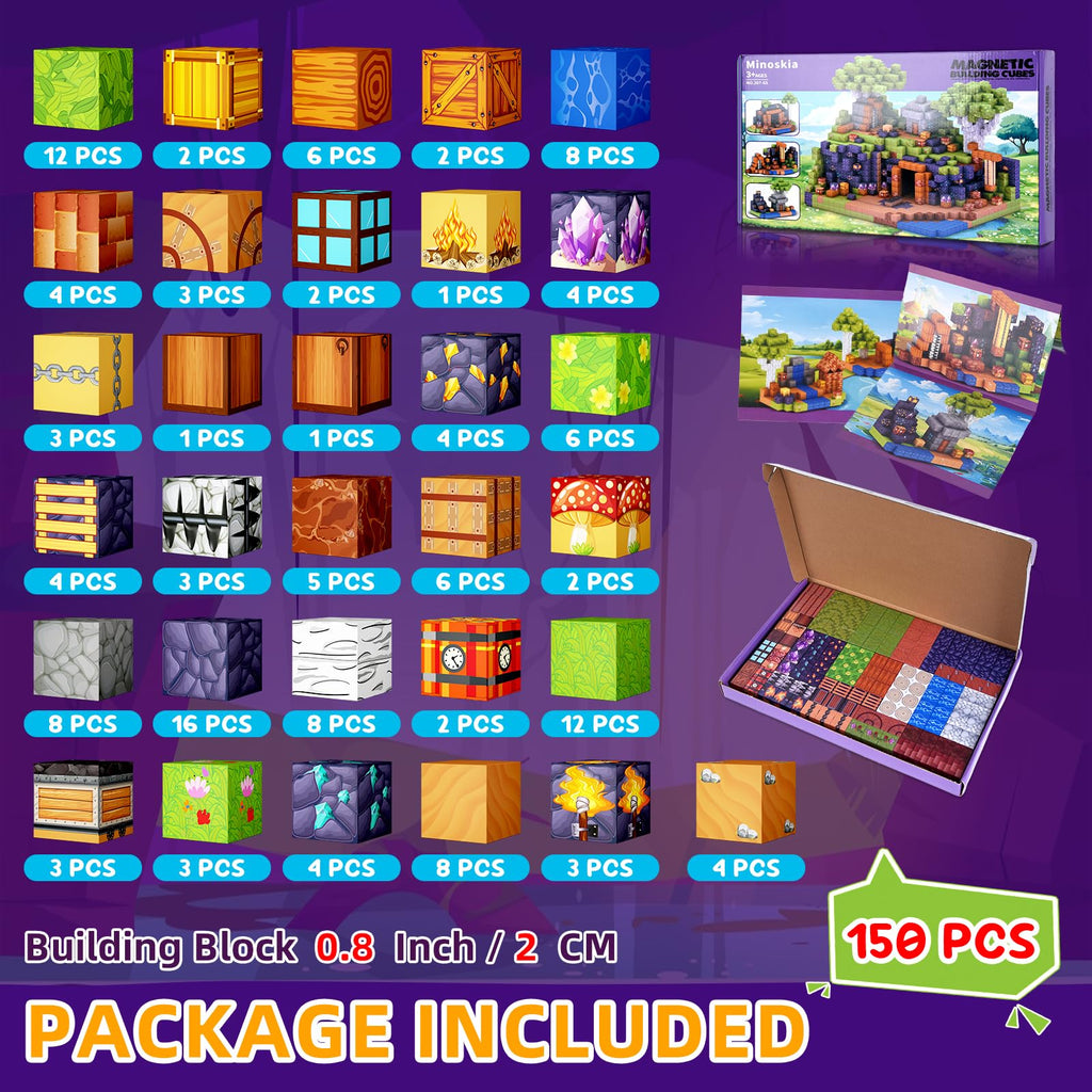 Minoskia Magnetic Blocks, 150 PCS Magnetic Building Blocks Sensory Toys for 3-5 4-6 5-7 6-8 Year Old Boys Girls Easter Birthday Gifts Travel Outdoor Kids Games