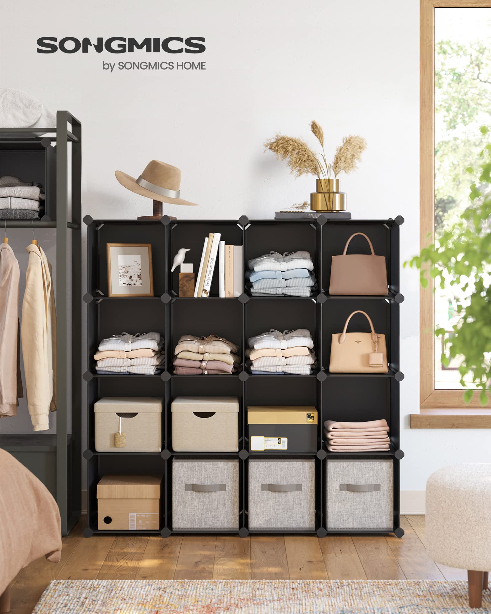 SONGMICS Cube Storage Organizer, Set of 16 Plastic Cubes, Closet Organizers and Storage, Room Organization, Bedroom Living Room, 12.2 x 48.4 x 48.4 Inches, Black ULPC44BK