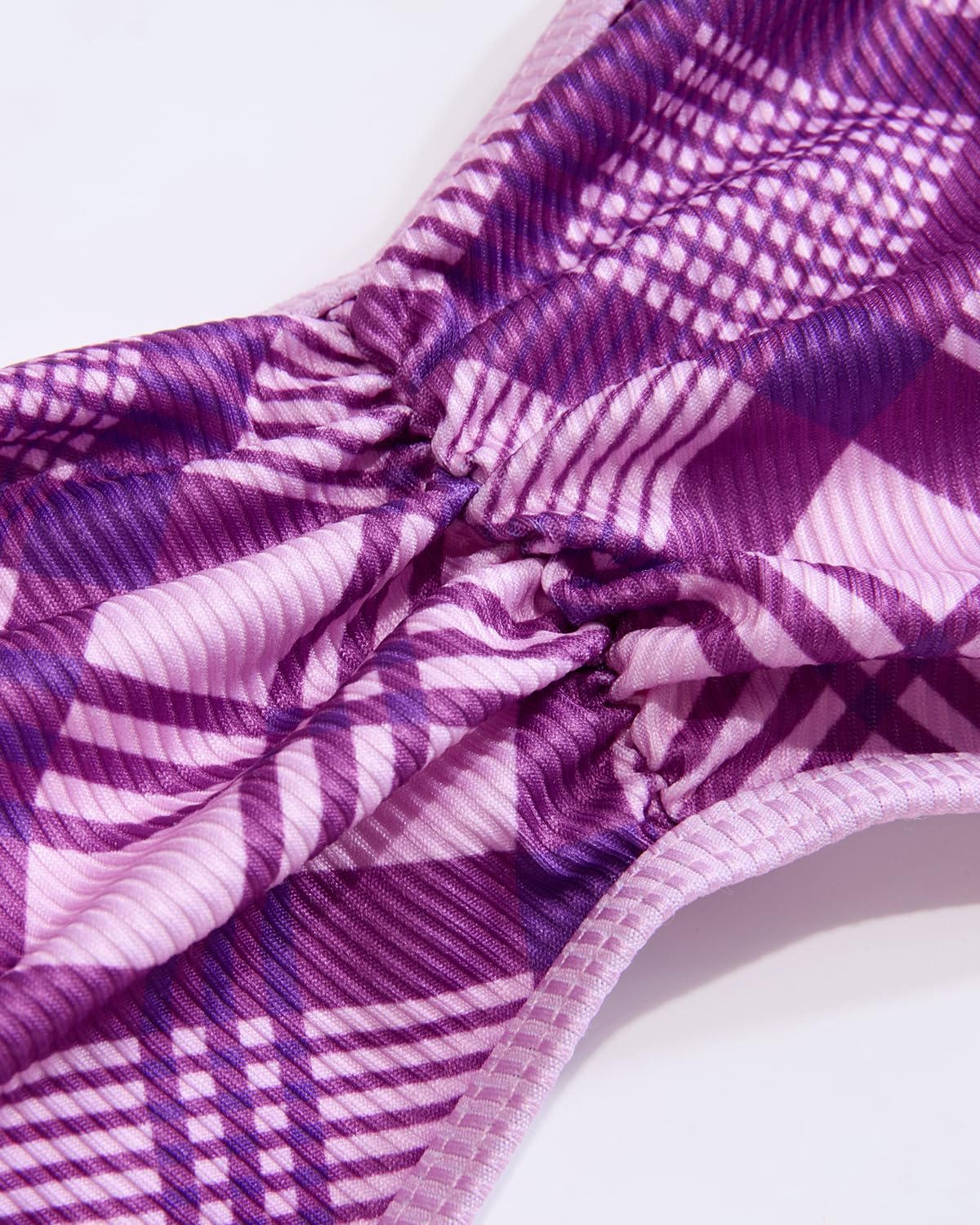 VOLAFA Women's Triangle Bikini Set Strapless Textured Bandeau Solid Cheeky Two Piece Swimsuit Bathing Suit (Small, Purple Plaid)