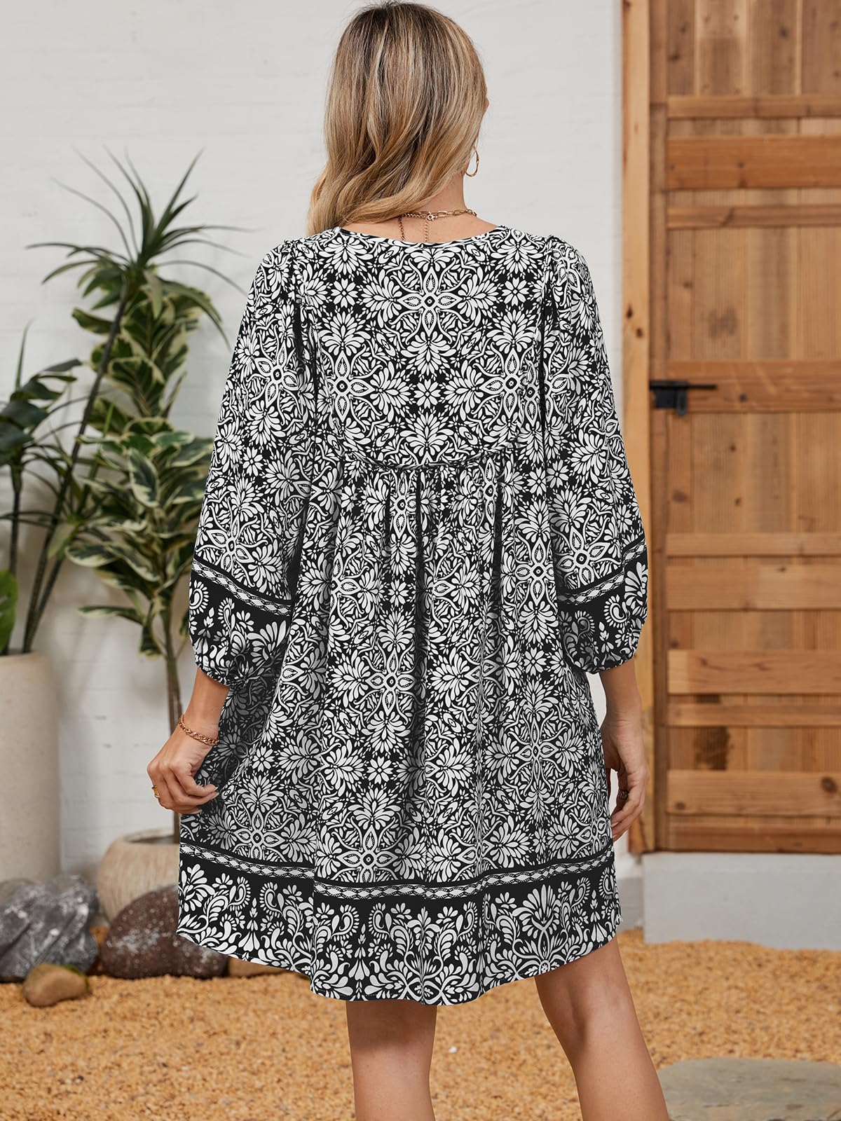 Qearal Summer Dresses for Women 2026 Vacation, 3/4 Sleeve Loose Tunic Dress Boho Beach Sun Dress Knee Length Black XL