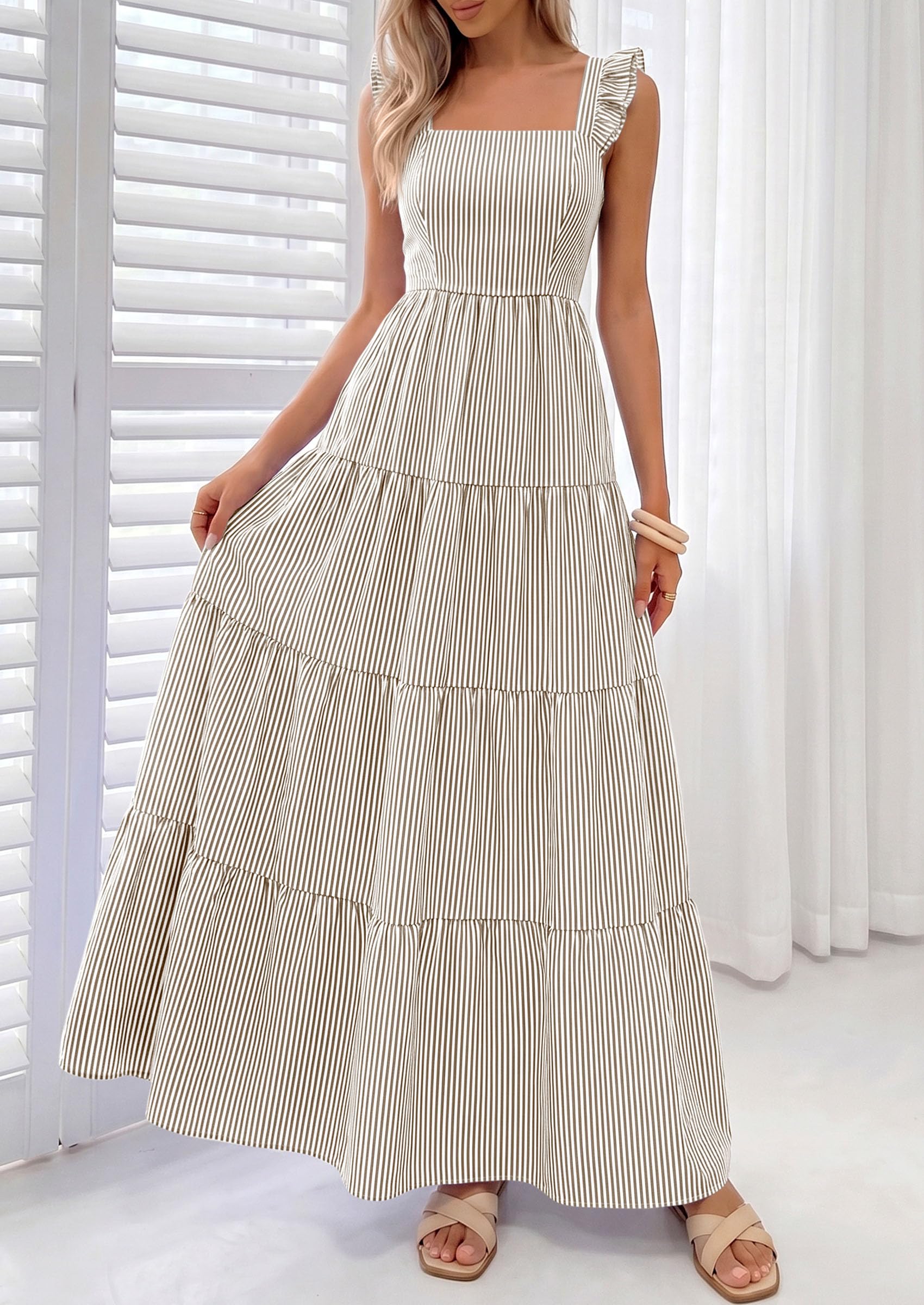 PRETTYGARDEN Womens 2026 Summer Casual Maxi Dresses Striped Square Neck Sleeveless Boho Flowy Sundress Beach Vacation Clothes (Brown,Medium)