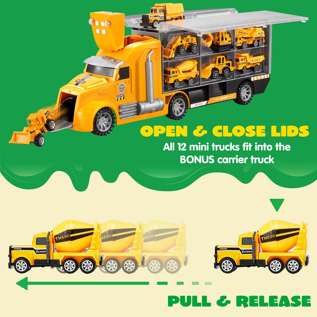 JOYIN 25 in 1 Kids Construction Truck Toy Set, 24Pcs Push and Go Cars and Worker Figures, Toddler Play Vehicles with Sounds and Light, Christmas Birthday Gifts Toys for 3 4 5 6 7 Years Old Grandkids