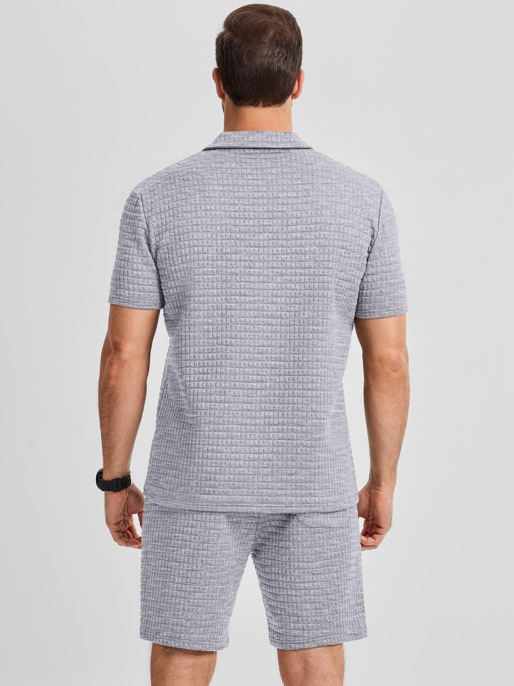 JMIERR Men's Casual Summer Set Textured Short Sleeve Shirt and Shorts 2 Piece Beach Outfit, Light Grey, M