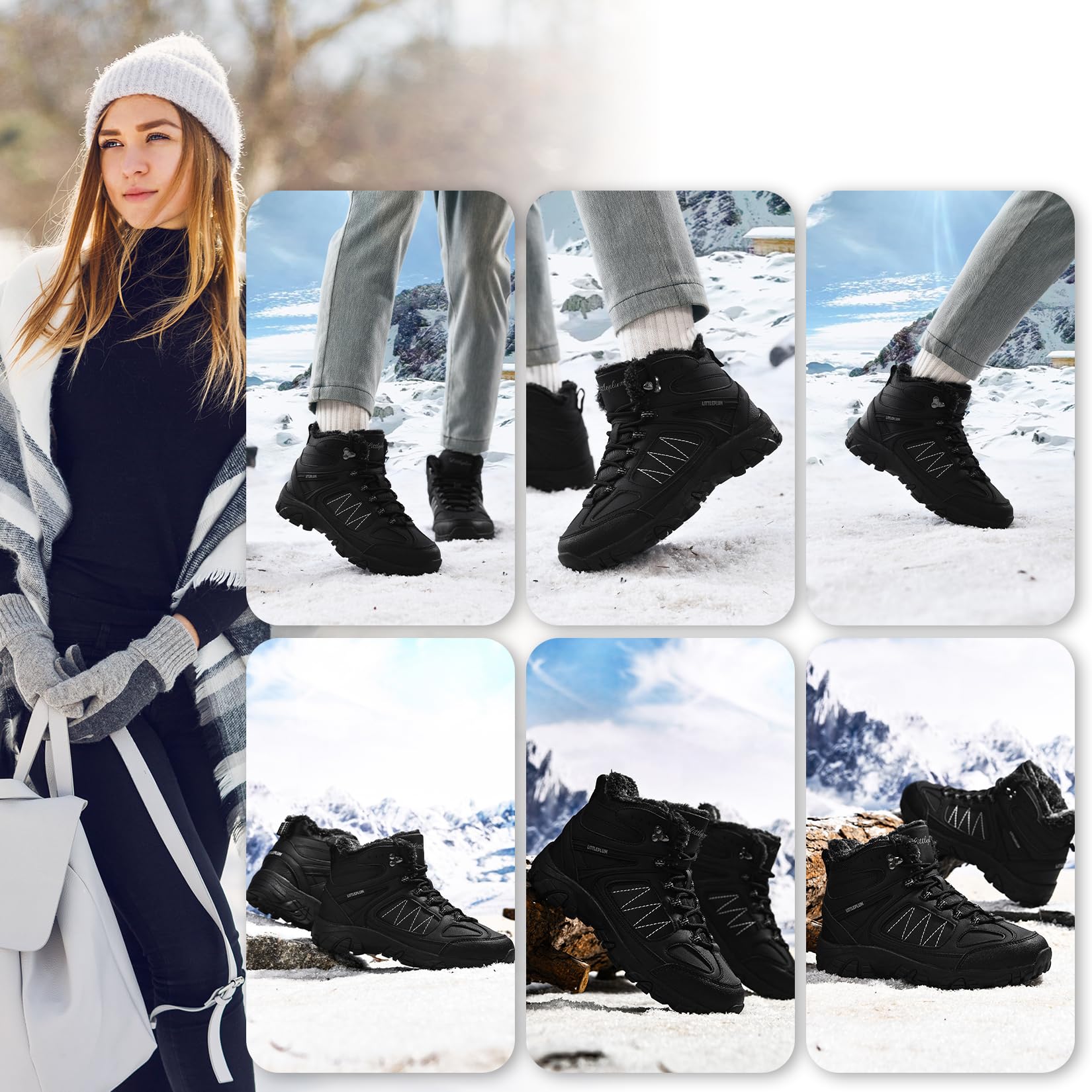 Littleplum Snow Boots for Women-Warm Fur Line Anti Slip Womens Winter Boots-Fashion Ankle Booties Sneakers for Outdoor Hiking All Black Size 6.5