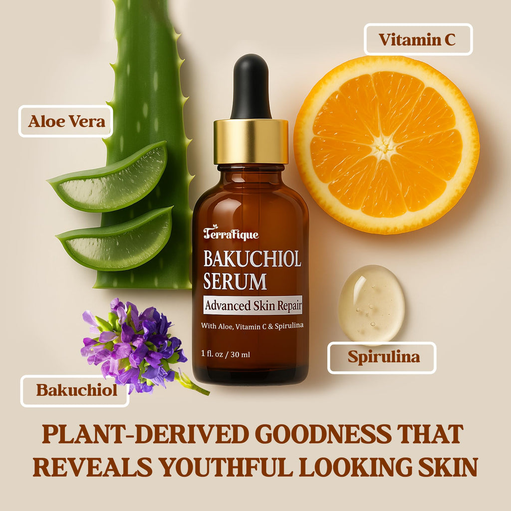 Terrafique Bakuchiol Serum - Retinol Alternative - Hydrating and Moisturizing - Can be Used on Sensitive Skin - Anti Aging - Also Contains Aloe, Witch Hazel, Centella, Spirulina - 1 Fl. Oz.