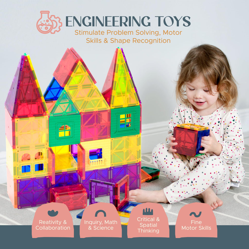 Playmags 150-Piece Magnetic Tiles Building Set – 3D Magnet Building Blocks Creative Imagination, Inspirational, Educational STEM Toys for Kids with 1 Car