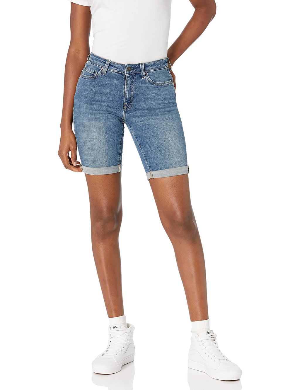 Amazon Essentials Women's Mid-Rise Slim Fit Bermuda Shorts with Pockets, Medium Wash, 20