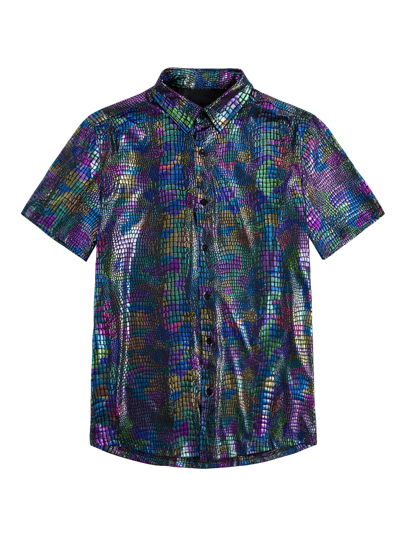 WDIRARA Men's 70s Sparkly Disco Top Crocodile Pattern Metallic Rave Button Down Shirt Short Sleeve Party T Shirt Multicolor Medium