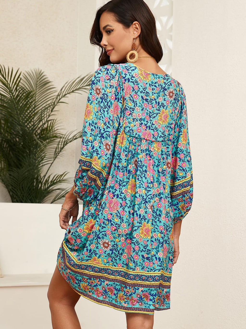 Qearal Womens Dresses Casual Summer V Neck 3/4 Sleeve Flowy Beach Boho Floral Dress Blue XL