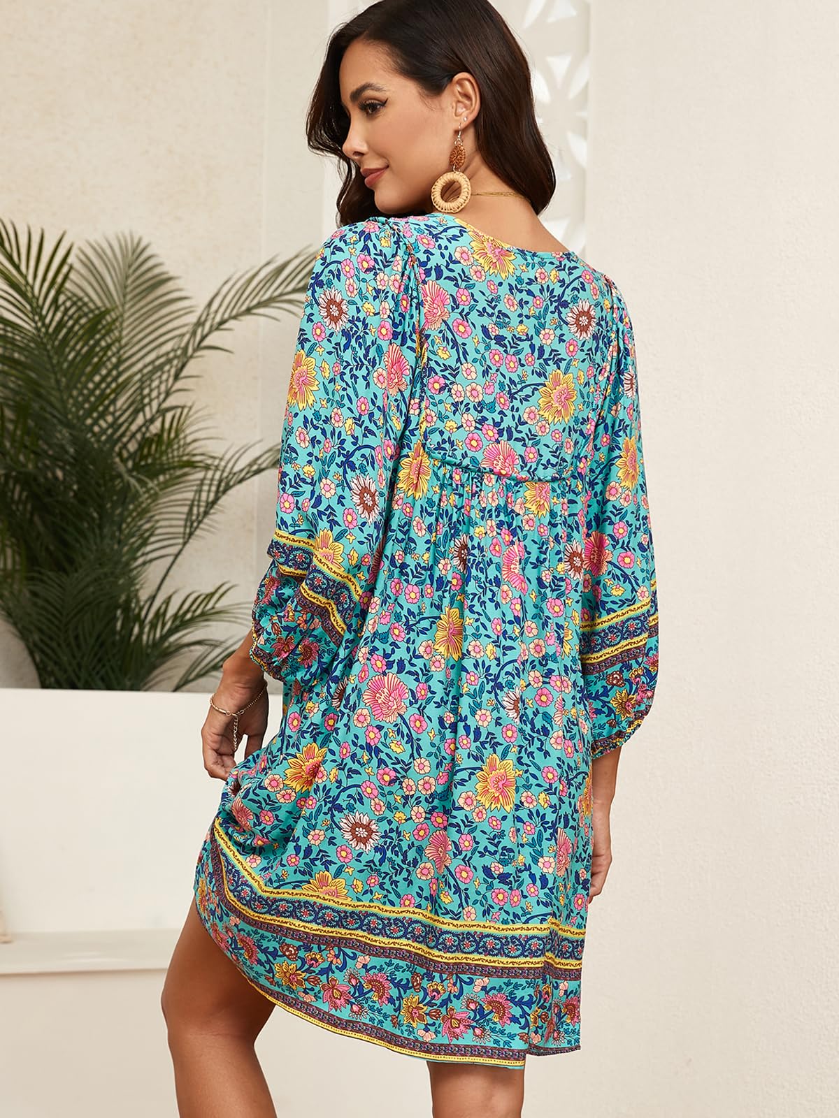 Qearal Womens Dresses Casual Summer V Neck 3/4 Sleeve Flowy Beach Boho Floral Dress Blue XL