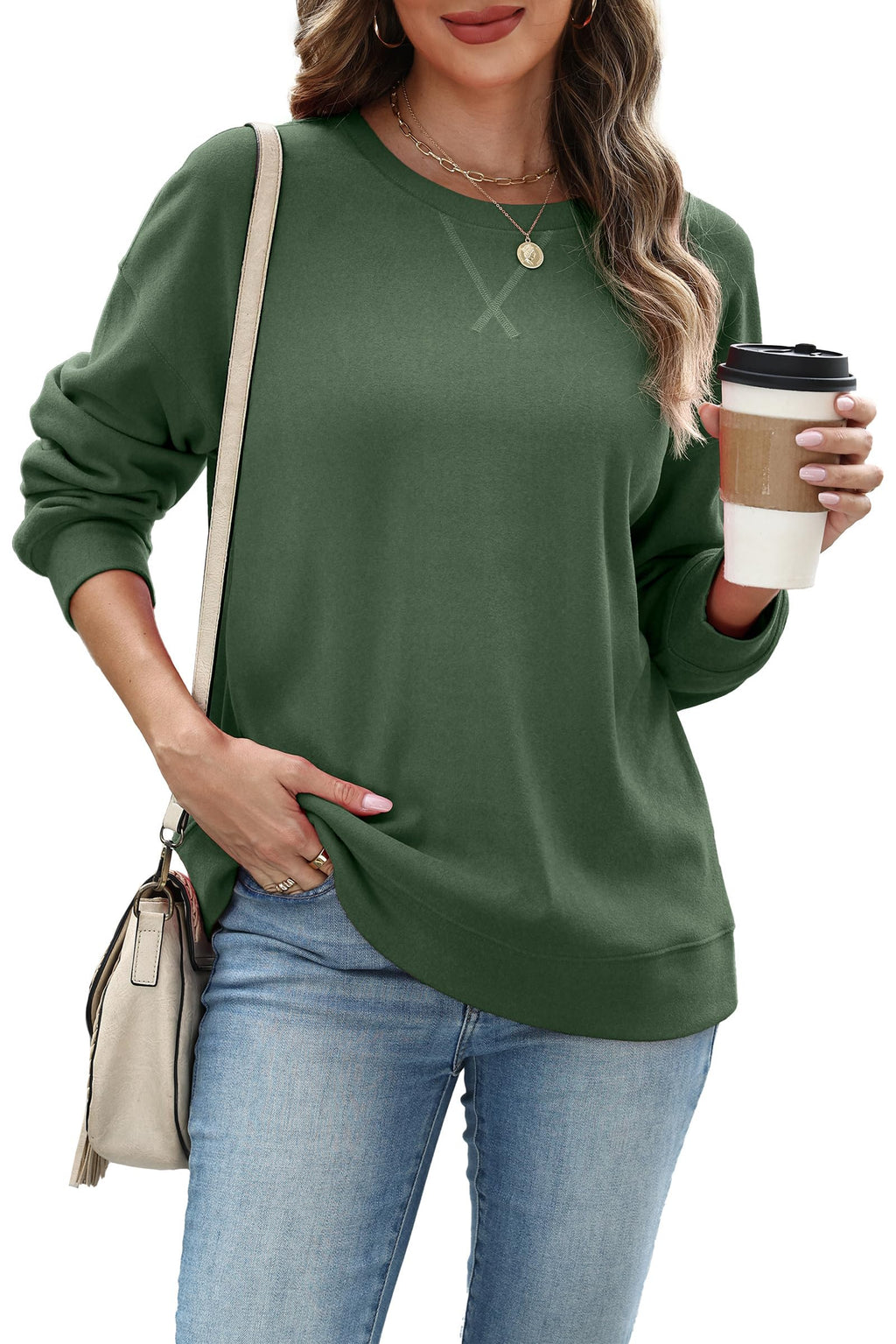 RUMIA Womens Casual Long Sleeve Crewneck Sweatshirt Loose Fit Solid Basic Pullover Tunic T Shirts Tops Sweatshirts for Women 2025 Green Large