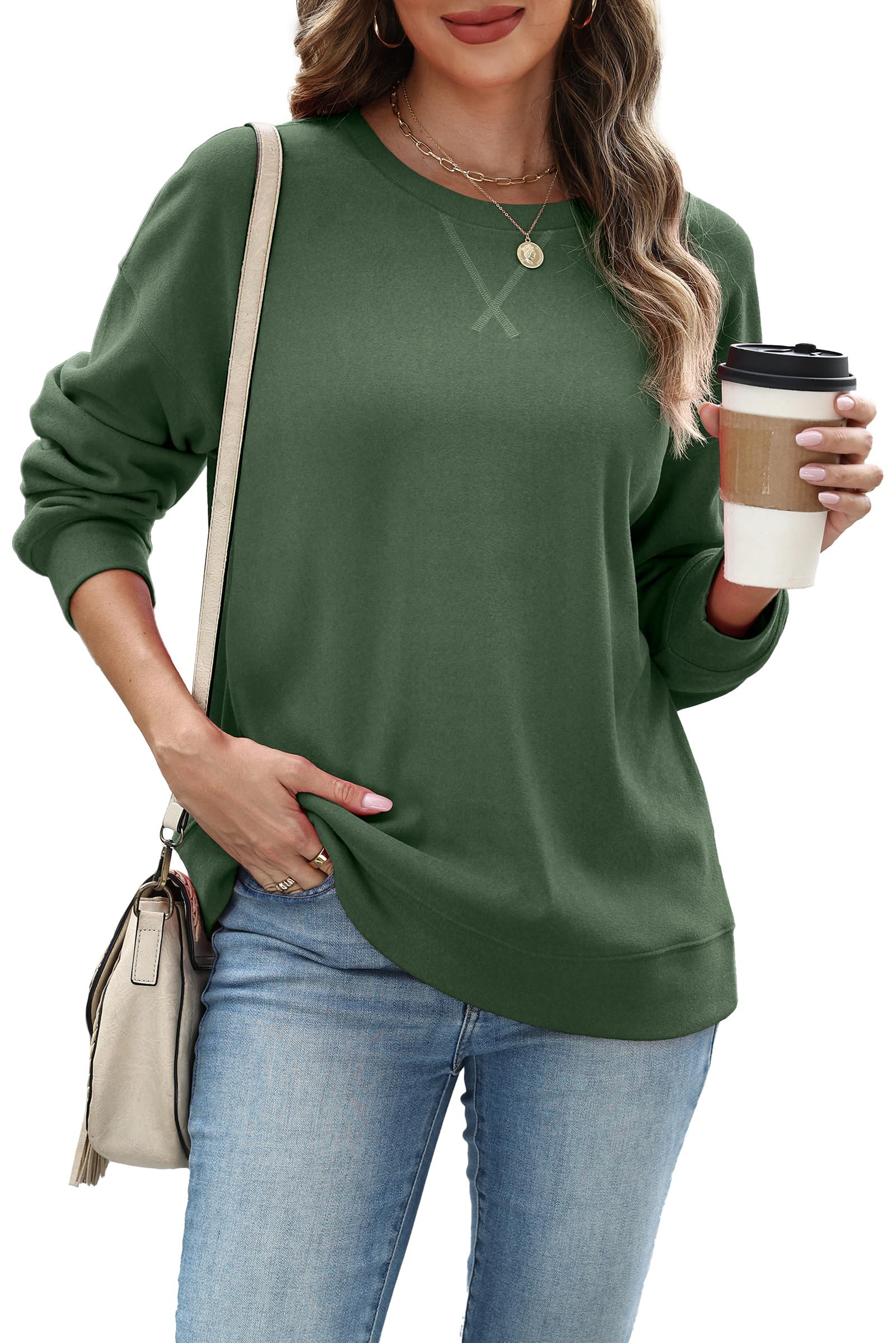RUMIA Womens Casual Long Sleeve Crewneck Sweatshirt Loose Fit Solid Basic Pullover Tunic T Shirts Tops Sweatshirts for Women 2025 Green Large