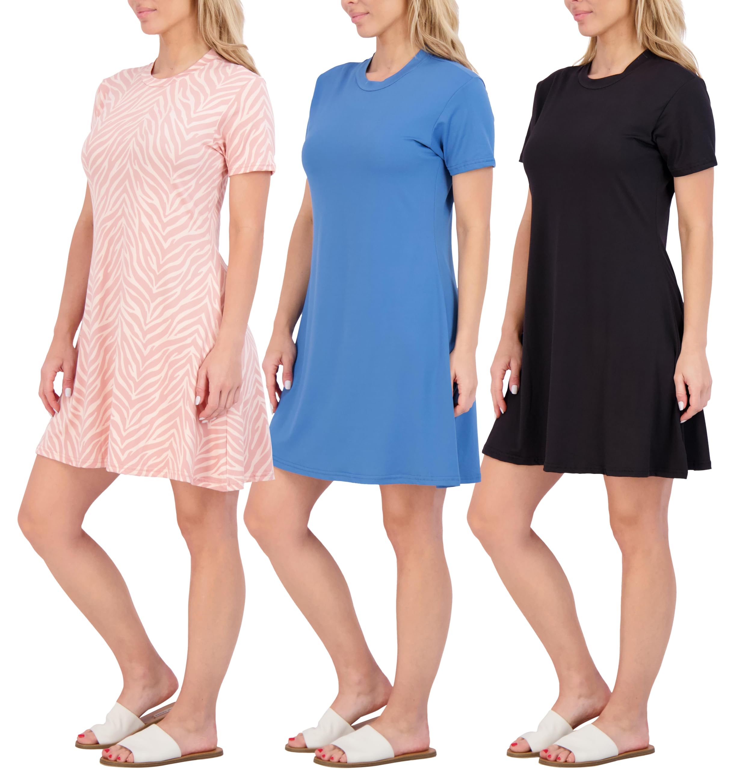 Real Essentials 3 Pack: Women's Short Sleeve T Shirt Dress Swing Loose Casual Lounge Everyday Outfit - Set 5, S