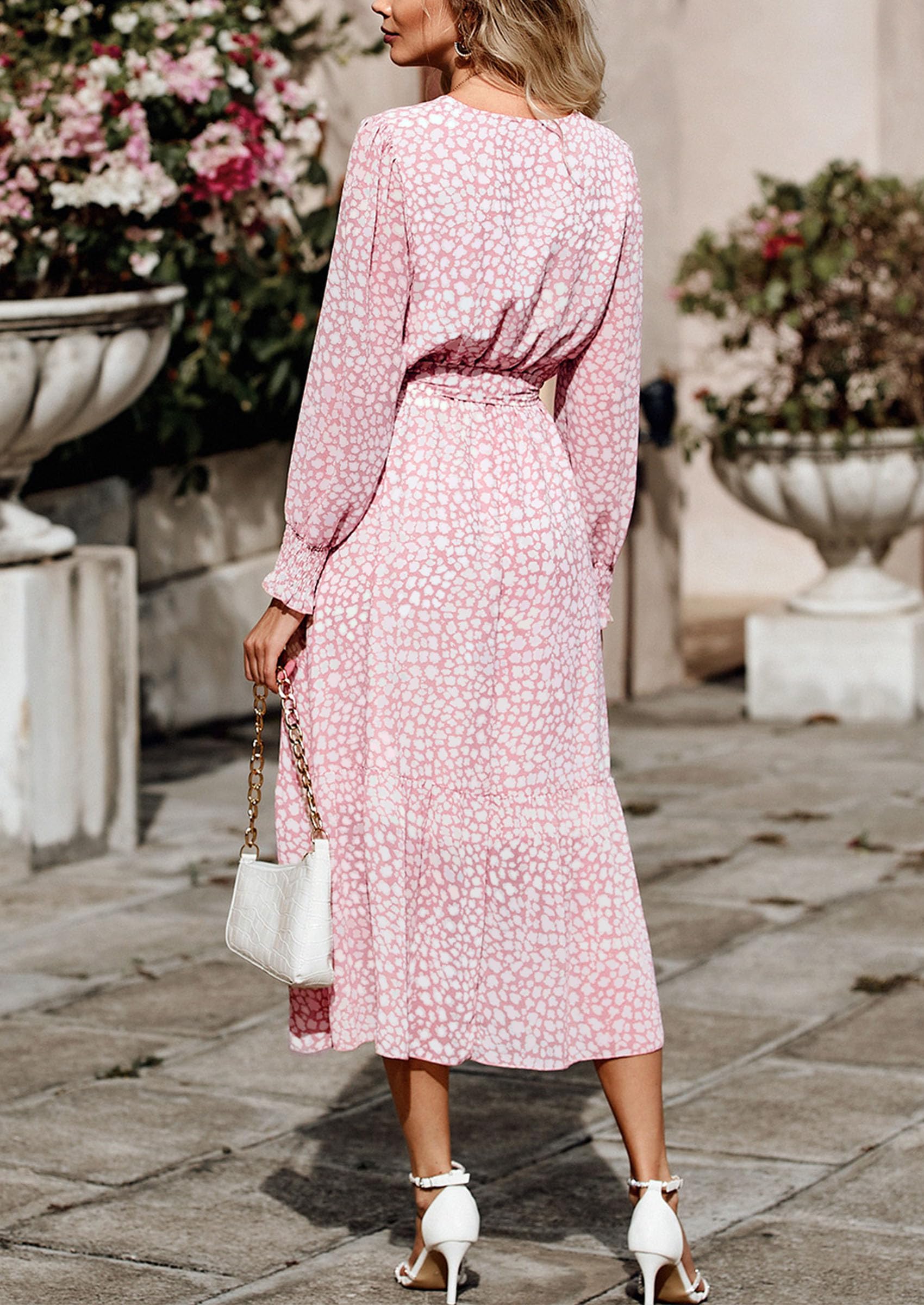 PRETTYGARDEN Women's Floral Boho Dress Fall Long Sleeve Wrap V Neck Ruffle Flowy Maxi Spring Wedding Guest Vacation Dresses (Pink,Small)