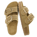 CUSHIONAIRE Cashew Slip On Womens Sandals, Genuine Suede Leather Braided Double Strap Slide On Sandals with Adjustable Big Buckle for Women 2026, Sand 8