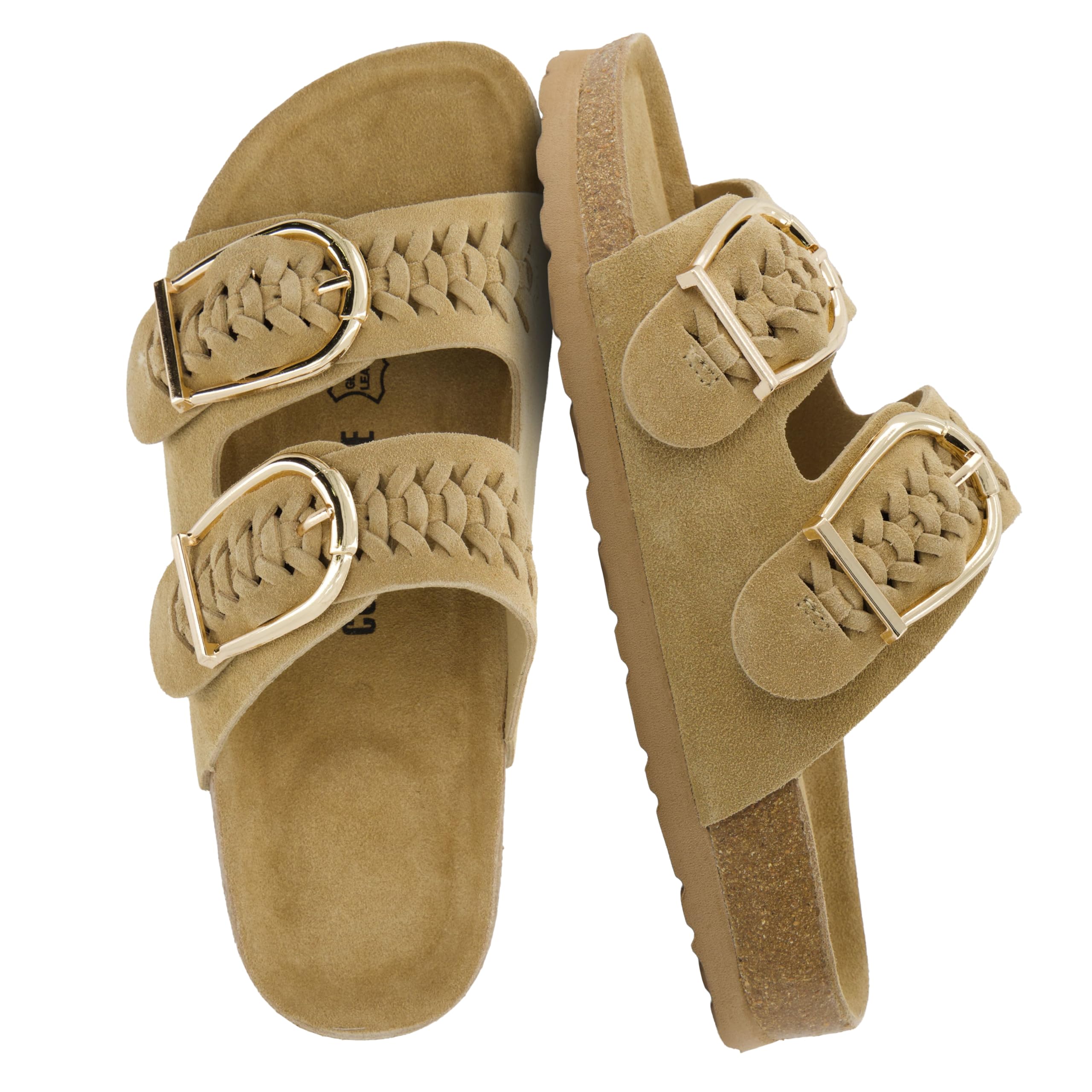 CUSHIONAIRE Cashew Slip On Womens Sandals, Genuine Suede Leather Braided Double Strap Slide On Sandals with Adjustable Big Buckle for Women 2026, Sand 8