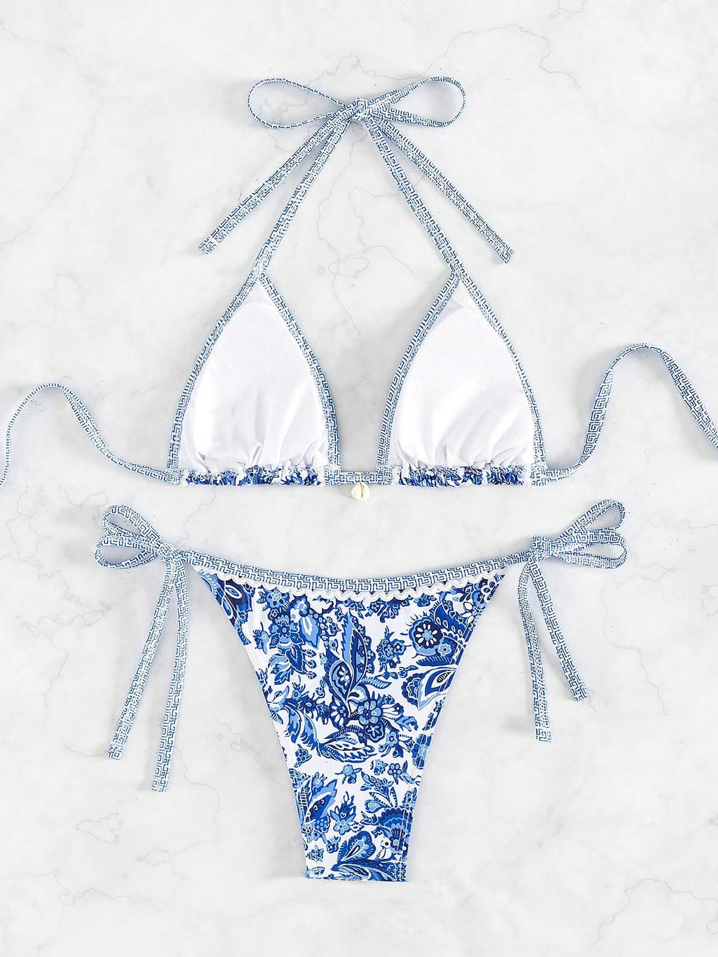 WDIRARA Women's 2 Piece Boho Swimsuits Floral Print Halter String Triangle Bikini Set Beach Bathing Suit Blue and White Small
