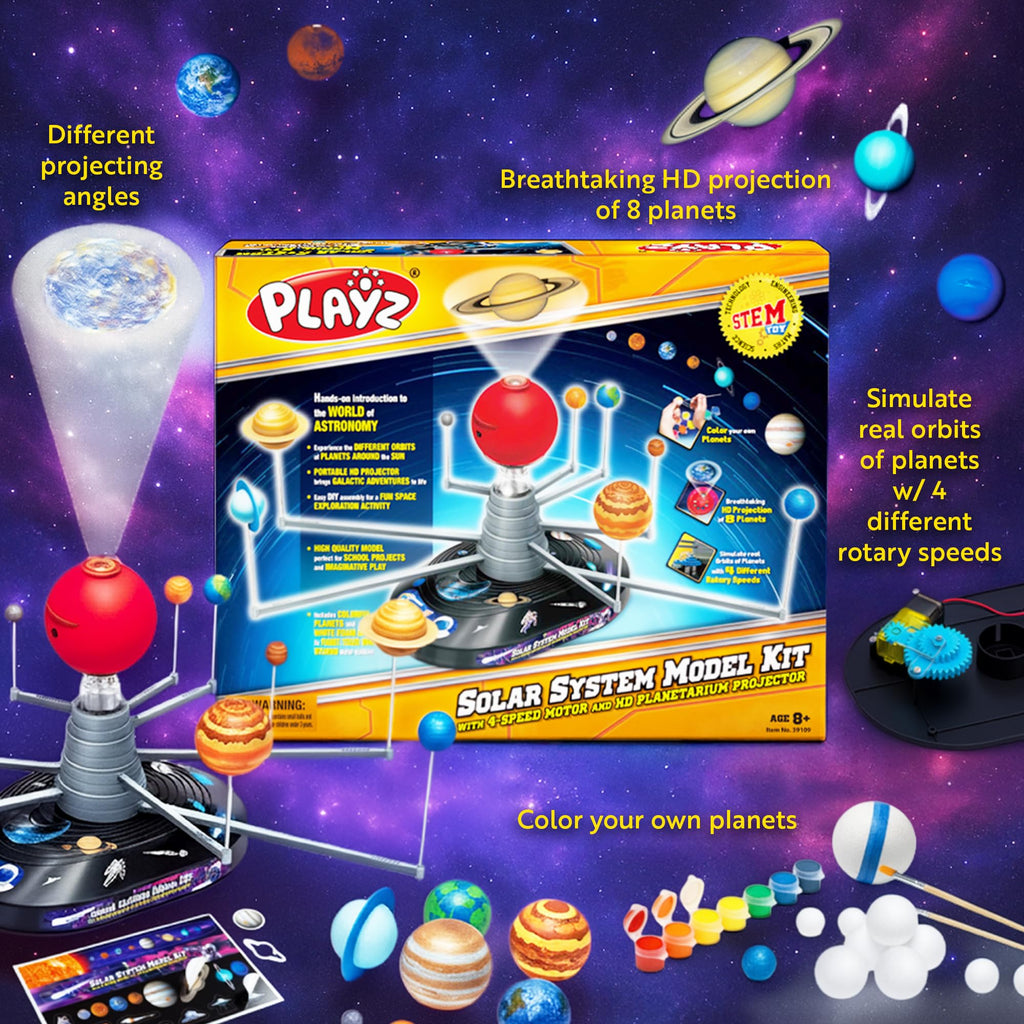 Playz Premium Solar System Model Kit for Kids - 4 Speed Motor, HD Planetarium Projector, 8 Painted Planets & 8 White Foam Balls with Paint and Brush for a Hands-On STEM DIY Project for Space Toys