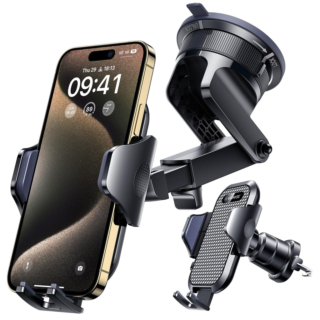 [2026 True Military-Grade] Car Phone Holder VANMASS [Upgraded Strongest Suction & Clip] Cell Phone Mount for Dashboard Windshield Vent Wall,Truck Cradle Stand for iPhone 17 Pro Max 16 15 14 13 Android