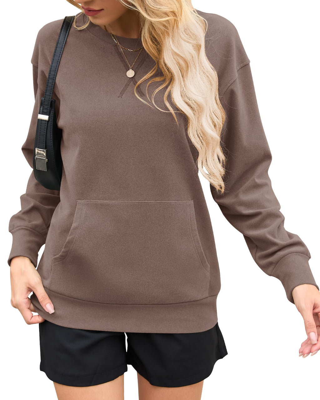AUSELILY Women’s Crewneck Hoodless Sweatshirt Oversized Long Sleeve Pullover Tops with Pockets 2025 New X Decoration Coffee Brown Medium