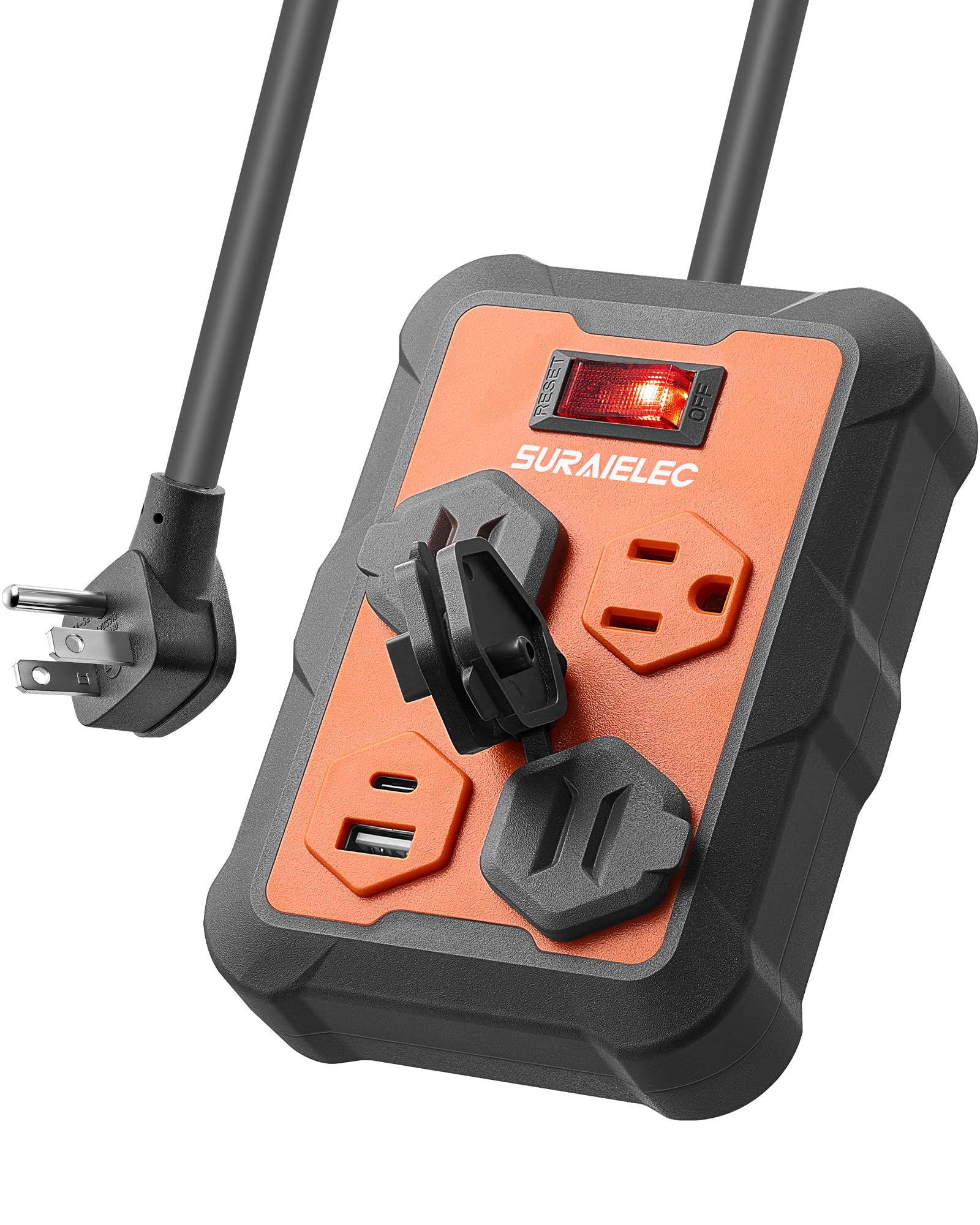 SURAIELEC Heavy-Duty Power Strip with USB-A & USB-C, 1960J Surge Protection, Overmolded Rubber Housing, 5-Outlets (3 AC + 2 USB), Angled Flat Plug, 10FT Cord for Workshop, Garage, Office, ETL Listed