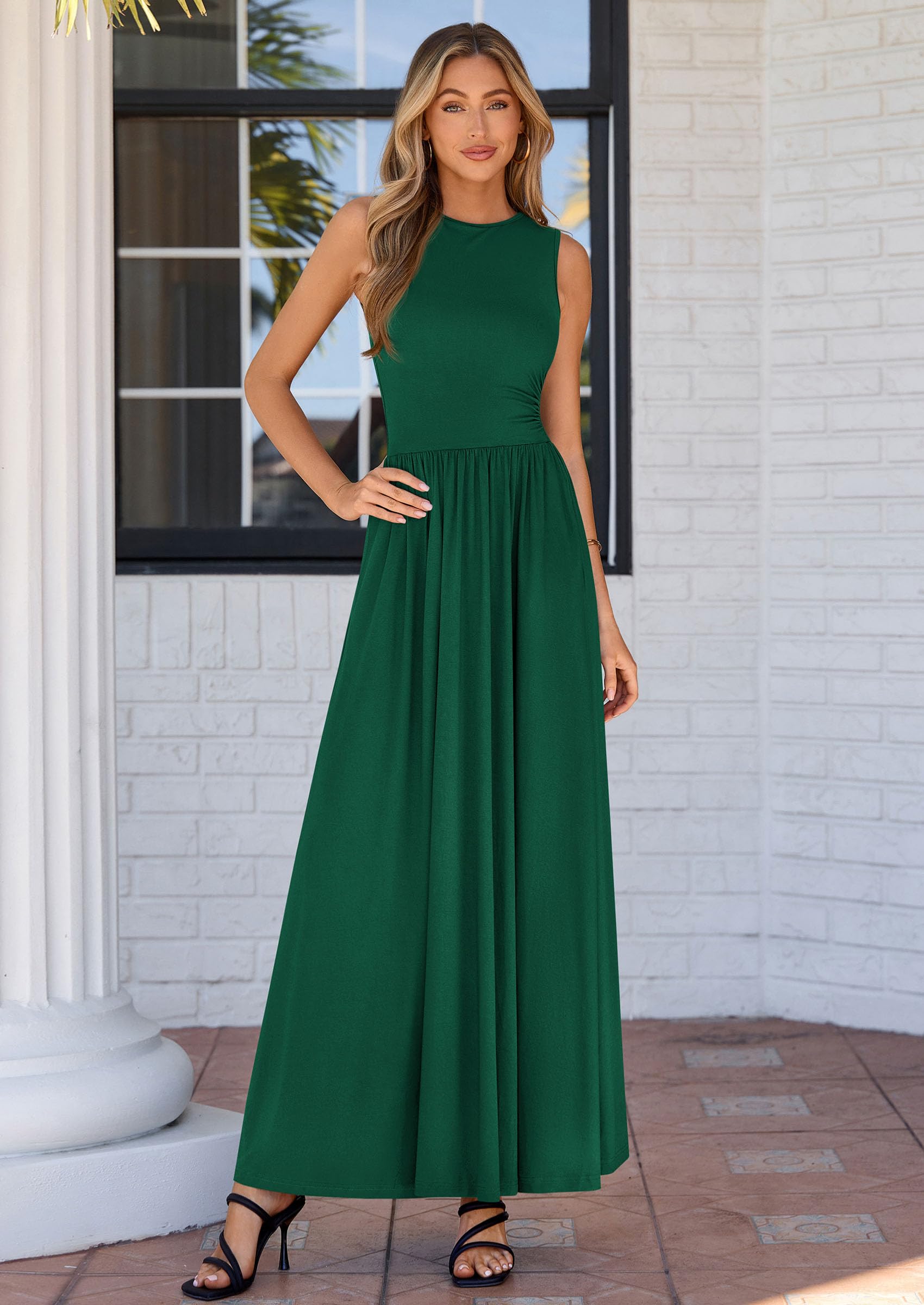 PRETTYGARDEN Summer Maxi Dresses for Women 2026 Sleeveless A Line Flowy Long Casual Sundress Wedding Guest Fashion Clothing (Green,Medium)